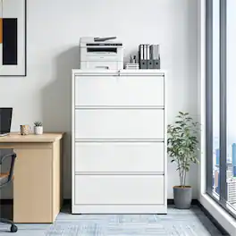 HTUTWOO - 4 Drawer Lateral File Cabinet – Heavy Duty Metal Filing Cabinet, 35.4" Locking Vertical Storage with Anti-Tip Interlock - White