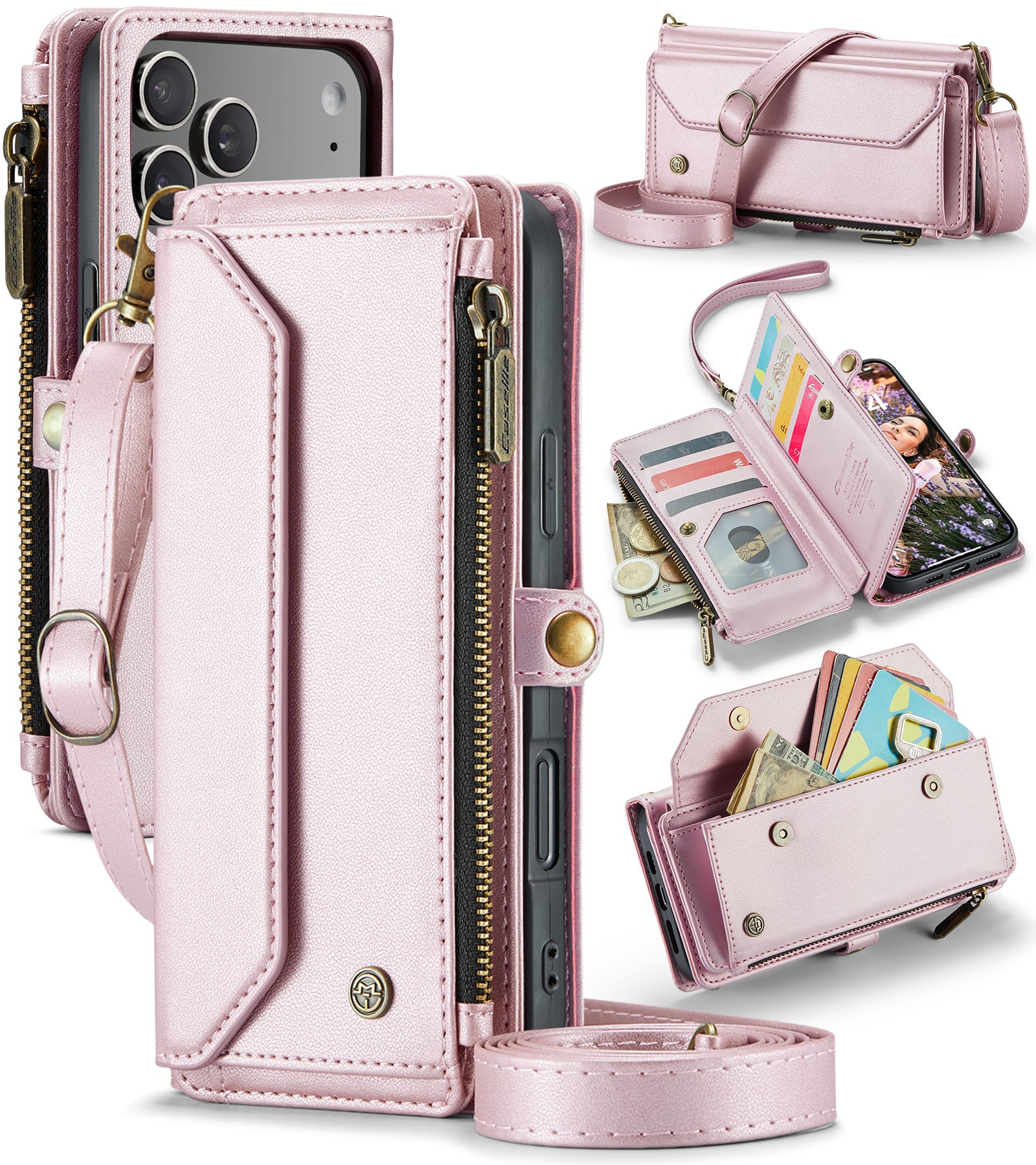 Dteck - Wallet Case for Apple iPhone 17 Pro Max, PU Leather RFID Blocking Card Holder Kickstand Cover with Crossbody Strap - Pink