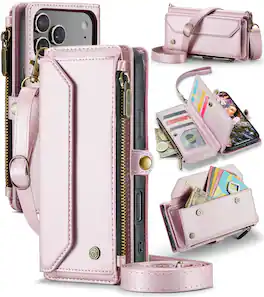 Dteck - Wallet Case for Apple iPhone 17 Pro Max, PU Leather RFID Blocking Card Holder Kickstand Cover with Crossbody Strap - Pink