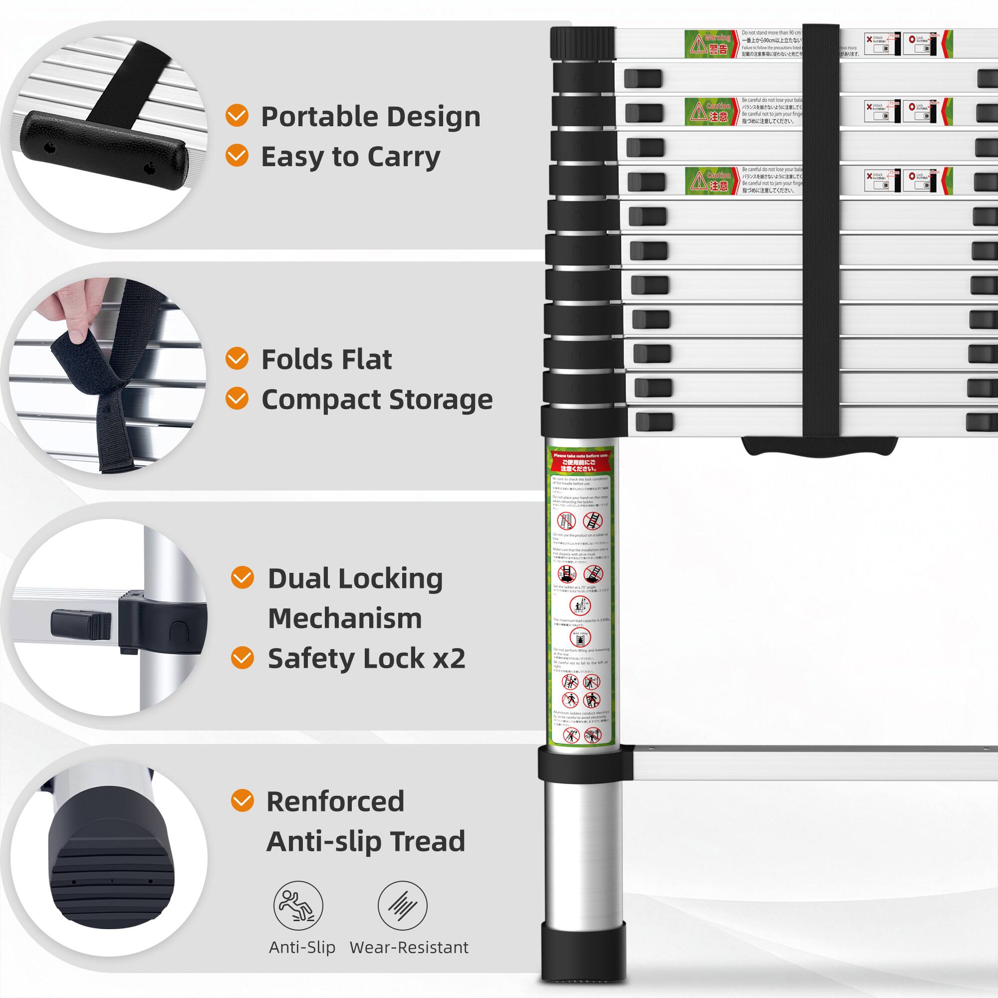 UPOR Avs ZE - Portable Design Easy to Carry  
Cautious Again.  
- Cootion ...... As  
FUERD Folds Flat Compact Storage  
- I  
OCROIL 1 Dual Locking Mechanism Safety Lock x2  
Renforced Anti-slip Tread Anti-Slip Wear-Resistant