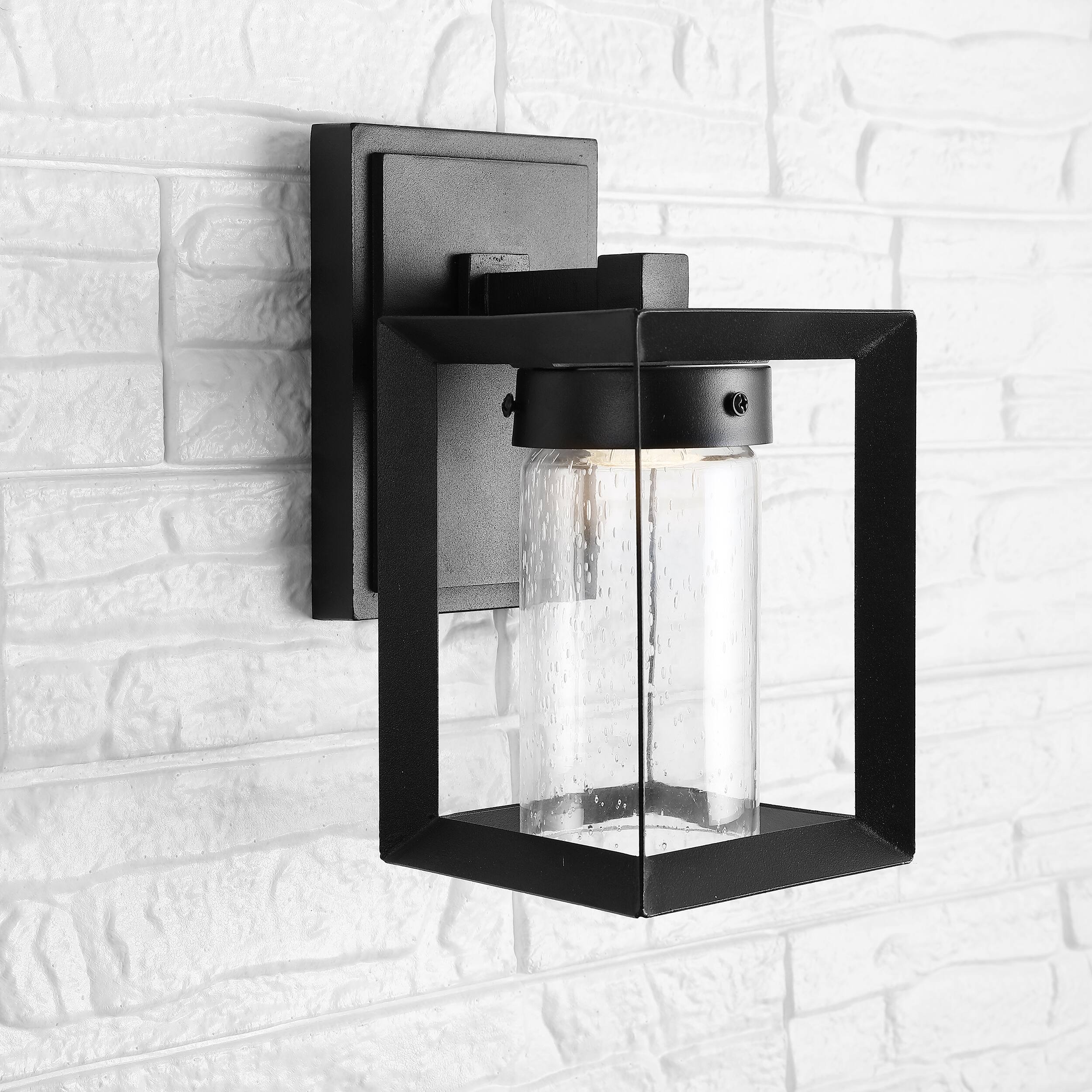 Alt View 6. Jonathan Y - Nate 6.75" Outdoor Modern Cube Seeded Glass/Metal Integrated LED Wall Sconce, Black - Black/Clear.