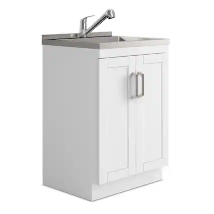 Front. Simpli Home - Kyle All-In-One 24-inch Laundry Utility Sink and Cabinet - Pure White.