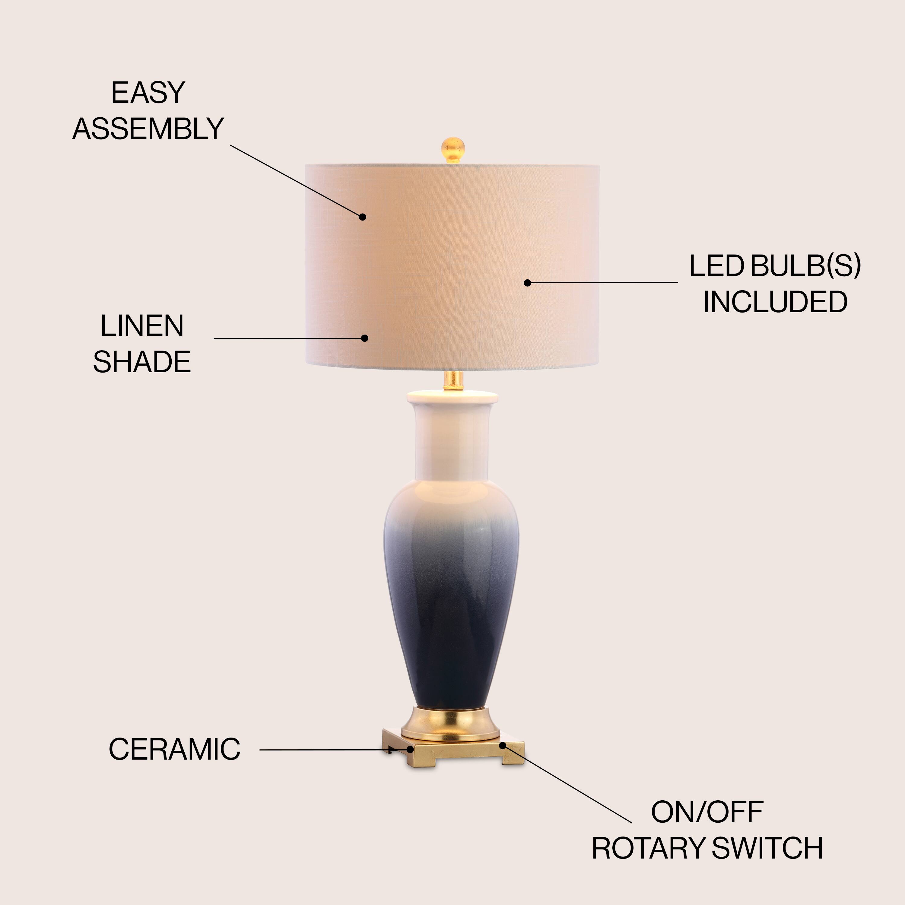 EASY ASSEMBLY  
LINEN SHADE  
LED BULB(S) INCLUDED  
CERAMIC  
ON/OFF ROTARY SWITCH