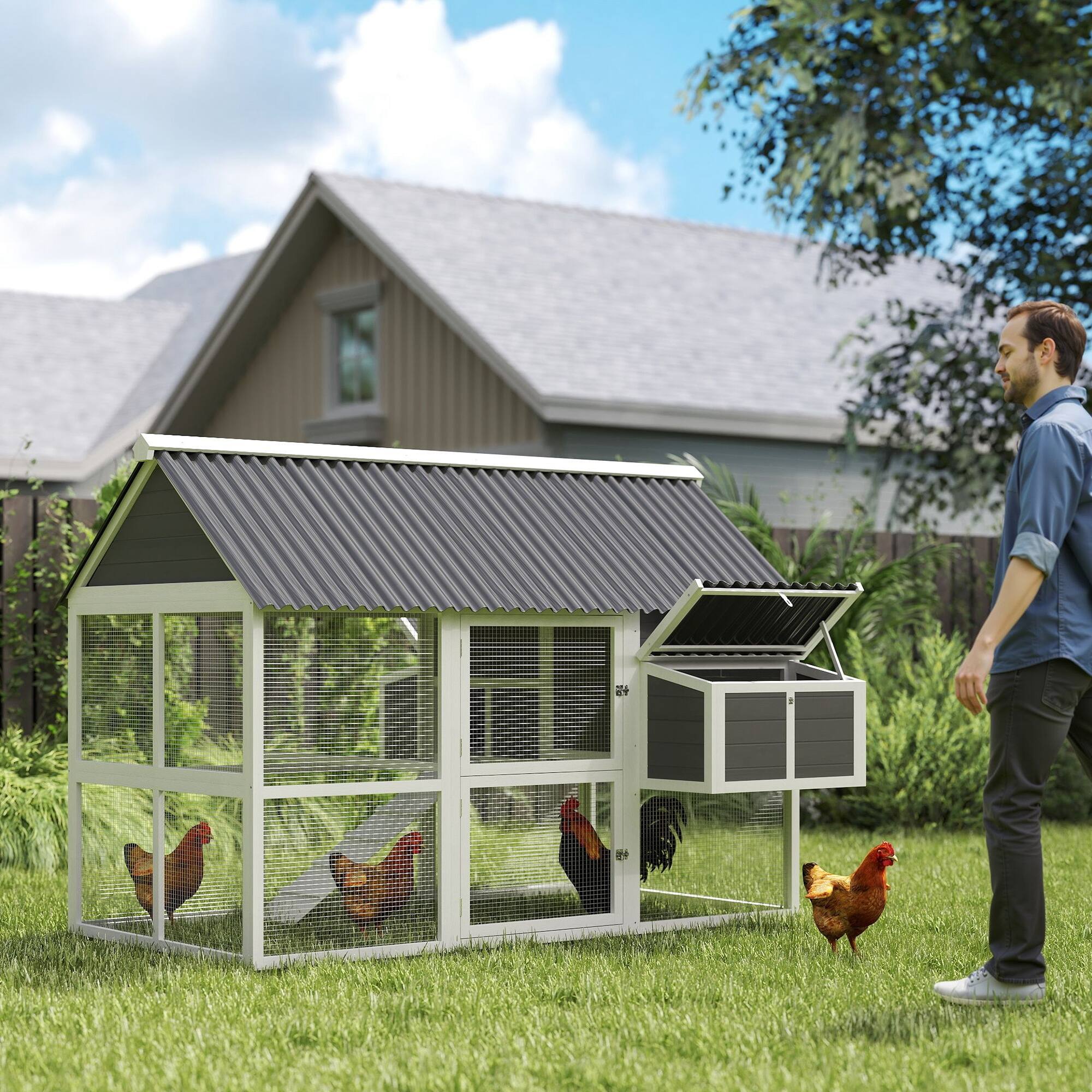Angle. Pawhut - 69"W x 84" x 59" Large Wooden Chicken Coop with Run, 2 Nesting Boxes, 2 Roosting Bars, Ramp & Tray, for 6-8 Chickens.