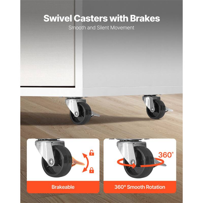 Swivel Casters with Brakes  
Smooth and Silent Movement  

1. Brakeable  
2. 360° Smooth Rotation