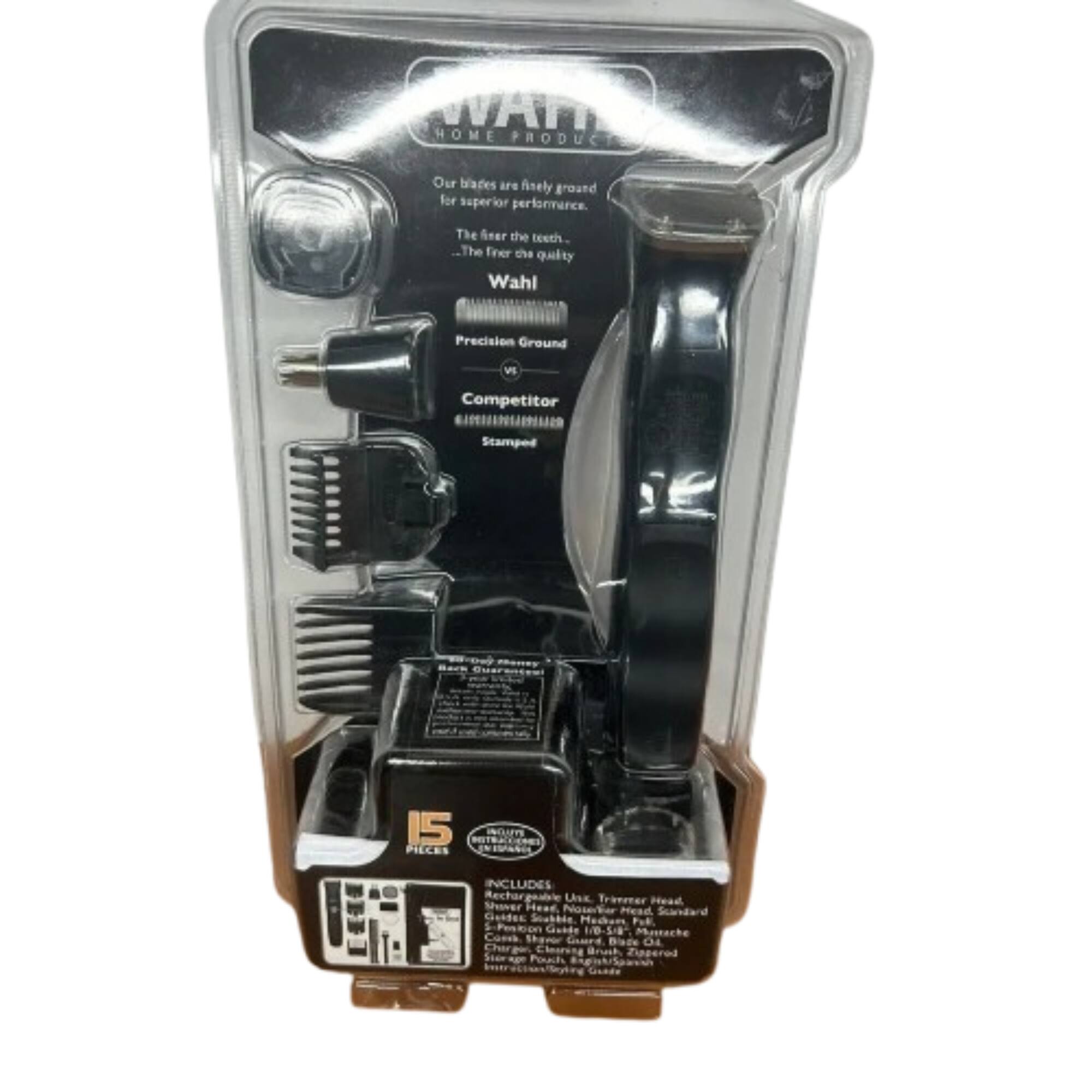 Wahl Home Product

Our blades are finely ground for superior performance. The finer the teeth, the finer the quality.

Wahl Precision Ground VE Competitor GINNINIEDAED Stamped

15 PIECES

INCLUDES:
- Rechargeable Trimmer Head
- Nose/Ear Head
- Standard Guide
- S-Postion
- Mustache Comb Guard
- Pouch

1/8-5/8 Mustache Comb Guard

Charger

Pouch