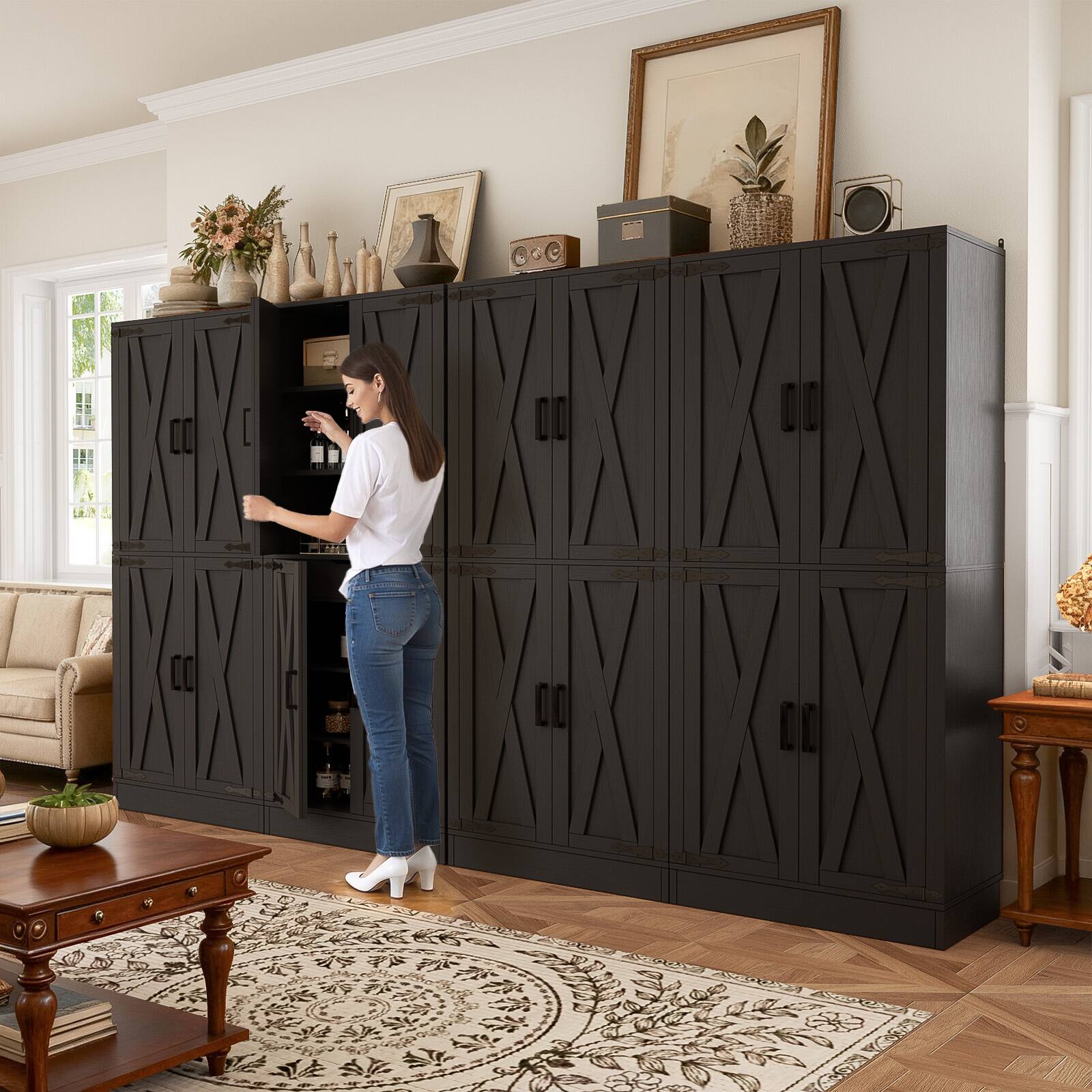 Alt View 1. Aheaplus - 71'' Tall Farmhouse Pantry Storage Cabinet with 4 Barn Doors and Drawer, Cupboard with Adjustable Shelves, 2 Piece Set - Black.