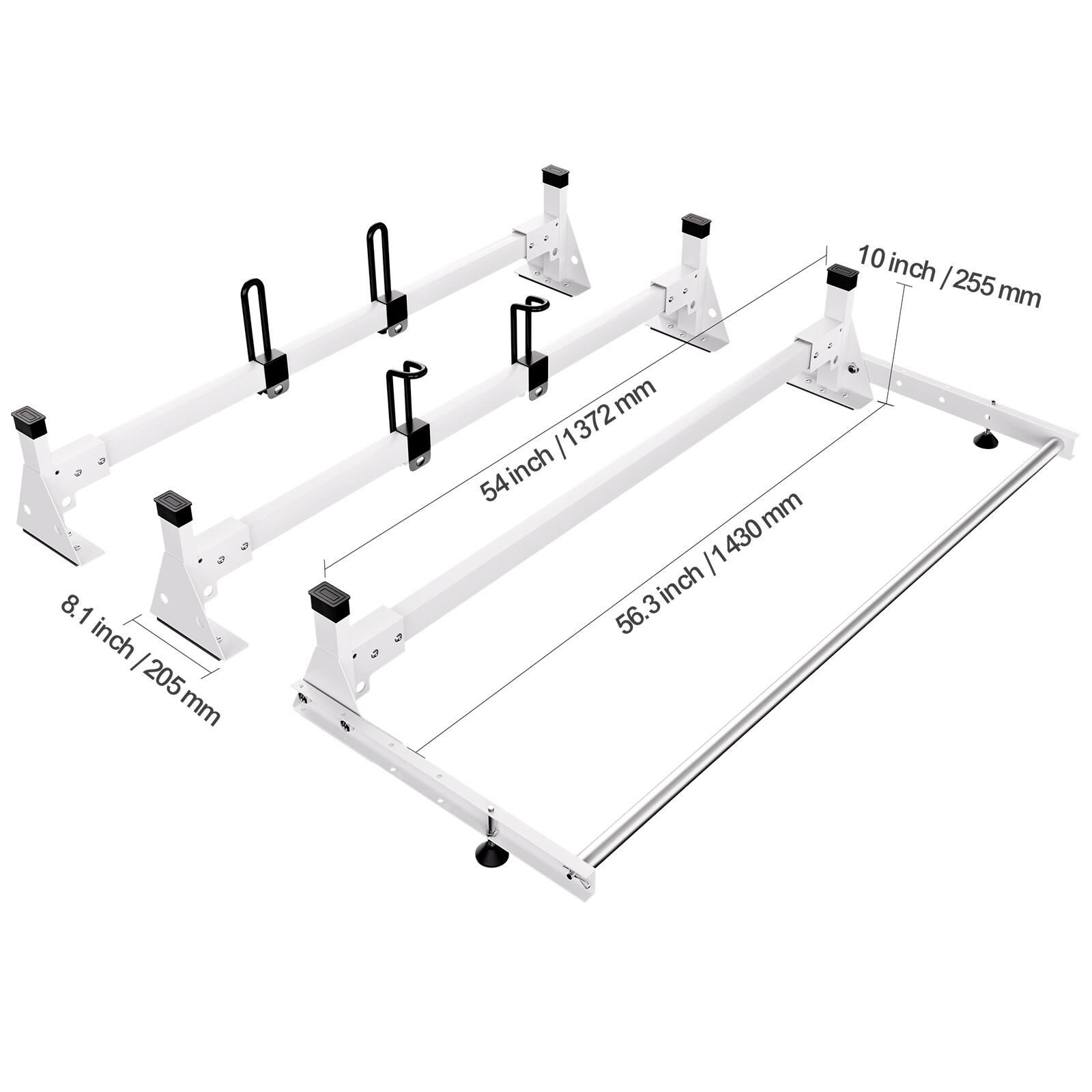 10 inch / 255 mm  
8.1 inch / 205 mm  
54 inch / 1372 mm  
56.3 inch / 1430 mm