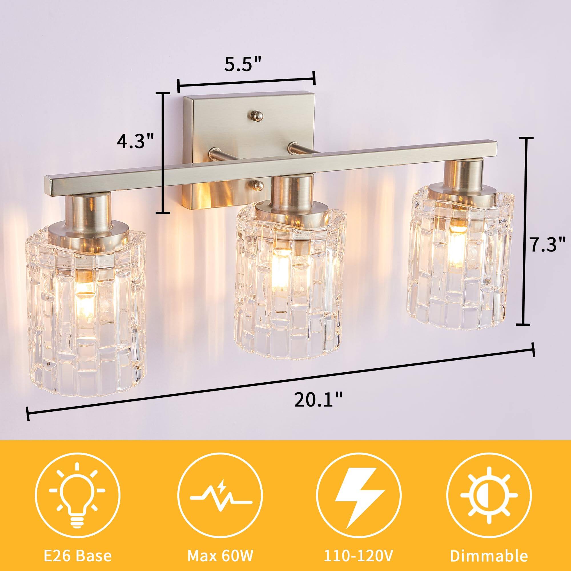 - **Dimensions:**
  - Width: 20.1"
  - Height: 7.3"
  - Depth: 4.3"
  - Backplate: 5.5"

- **Specifications:**
  - E26 Base
  - Max 60W
  - 110-120V
  - Dimmable