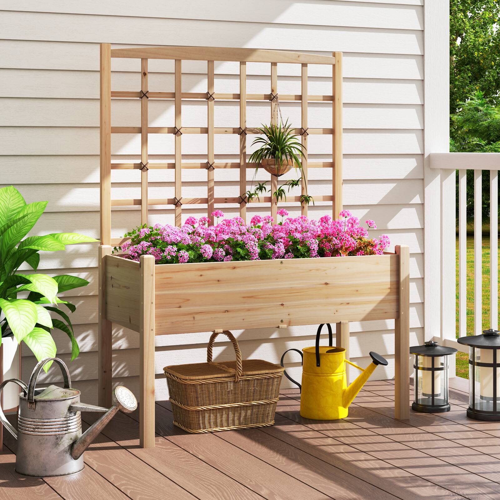 Alt View 4. Gymax - Gymax Raised Garden Bed w/ Lattice Trellis Drainage Holes Legs Legs for Climbing Vine - Natural.