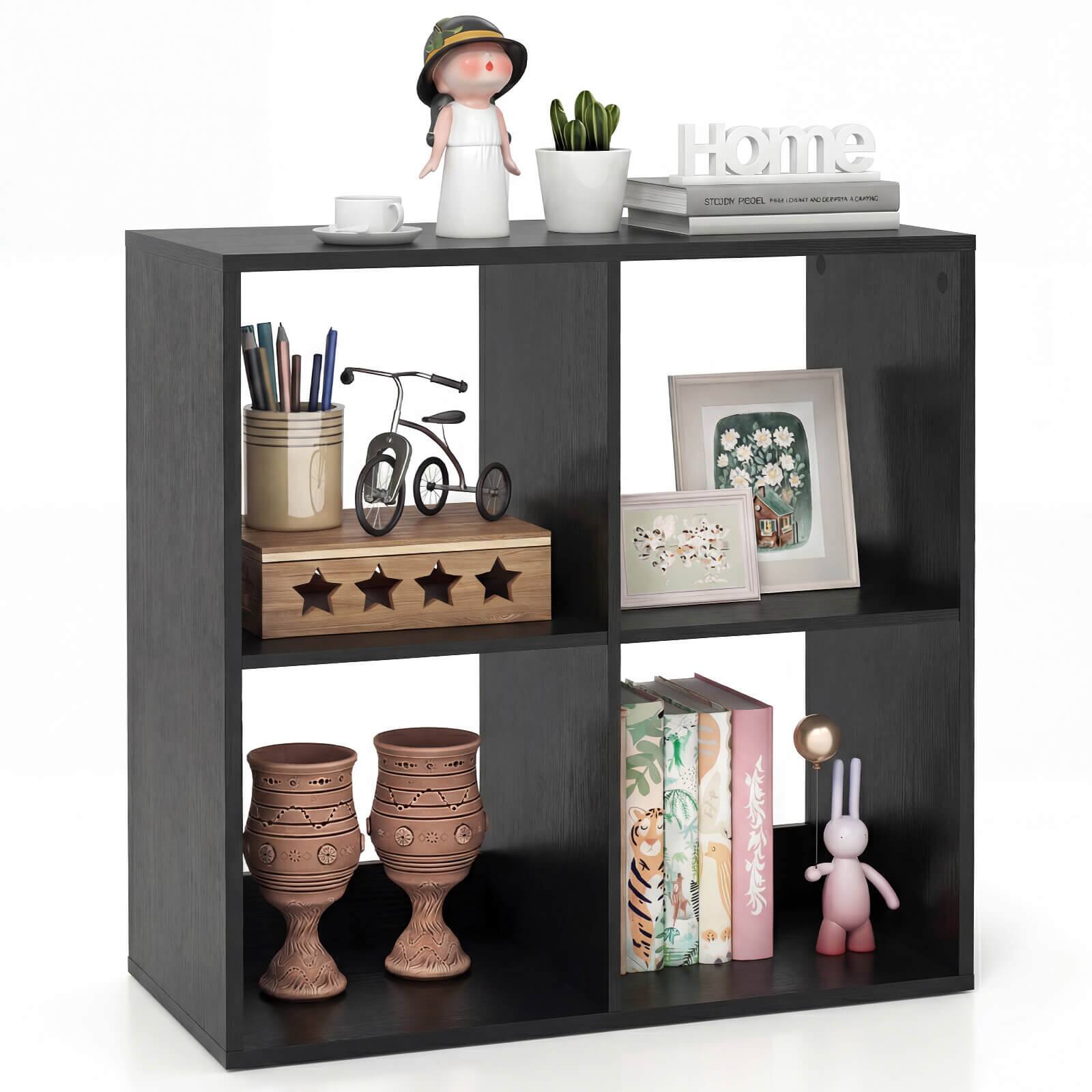 Costway - 4-Cube Open Bookshelf with Anti-tip Kits Home Modern Style Storage Shelf for Study - Black