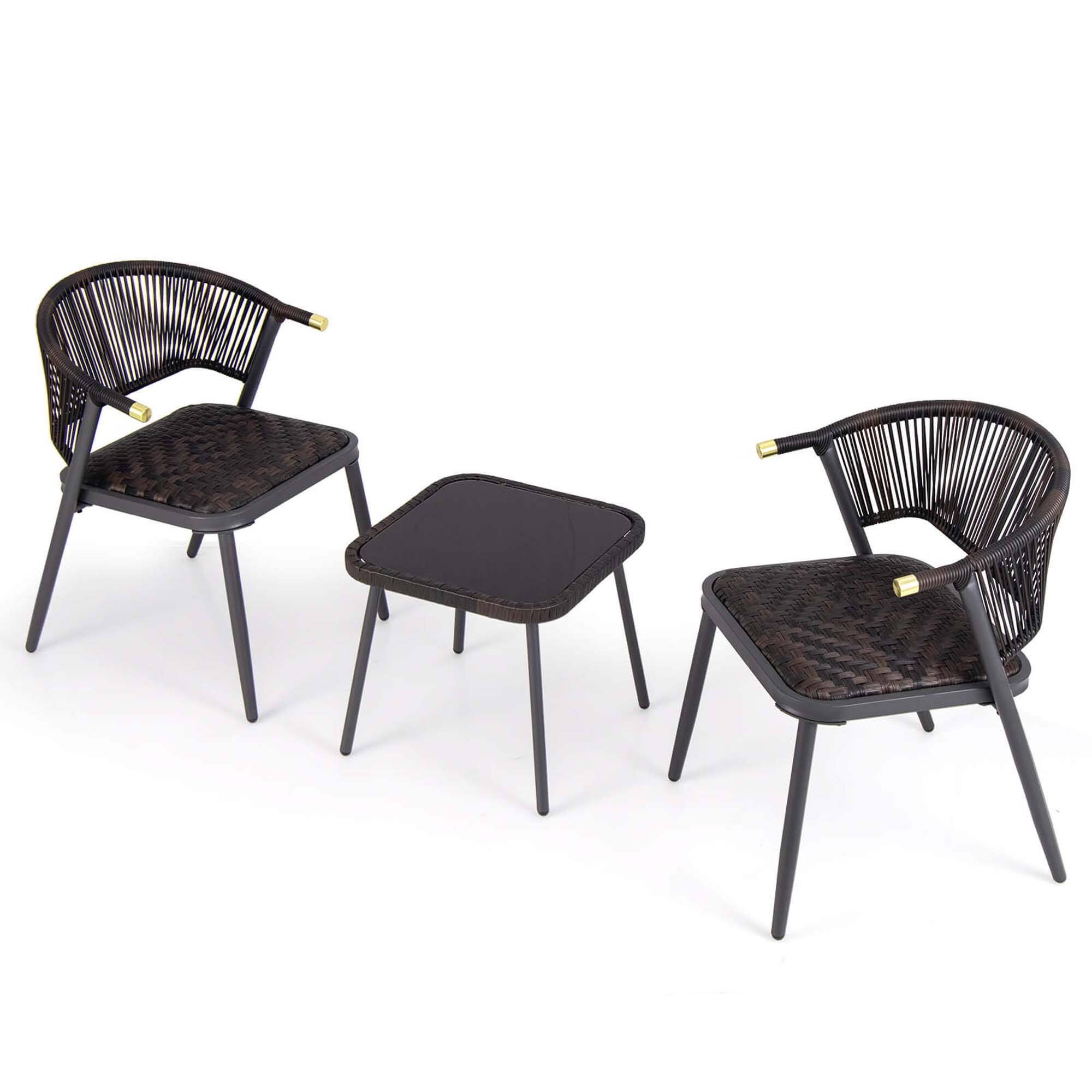 Alt View 6. Costway - 3 PCS Patio Rattan Furniture Set with Tempered Glass Tabletop Wicker Seat - Mix Brown + Black.