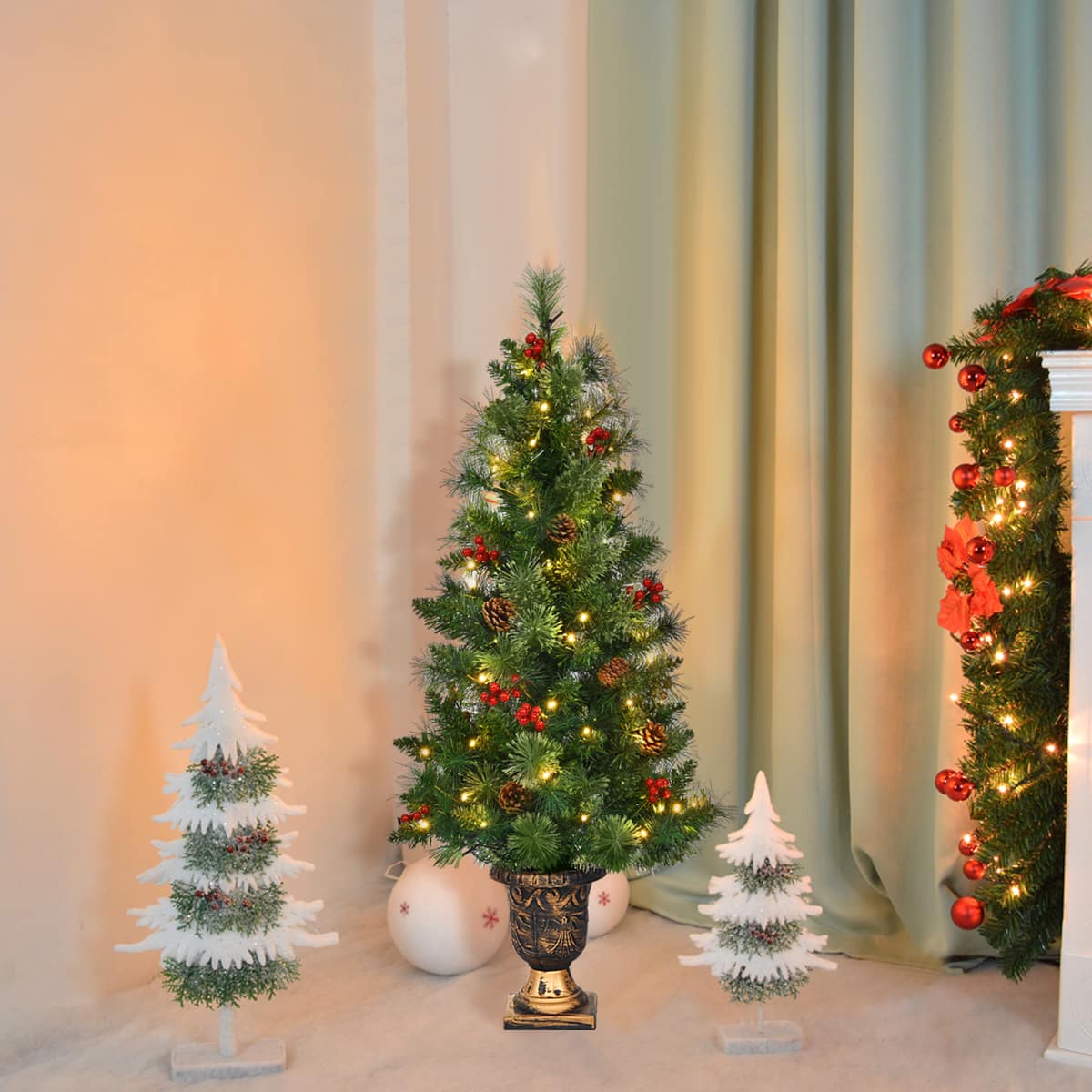 Alt View 13. Costway - 3ft Pre-Lit Christmas Entrance Tree In Urn w/ 40 LED Light Red Berries Pine Cone - Green.