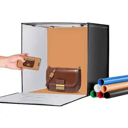 Front. VEVOR - Photo Studio Light Box, 20" x 20", 3000-5600K Adjustable 3 Color Temperatures Shooting Tent Kit with 160 LED 6 Backdrops - Black.