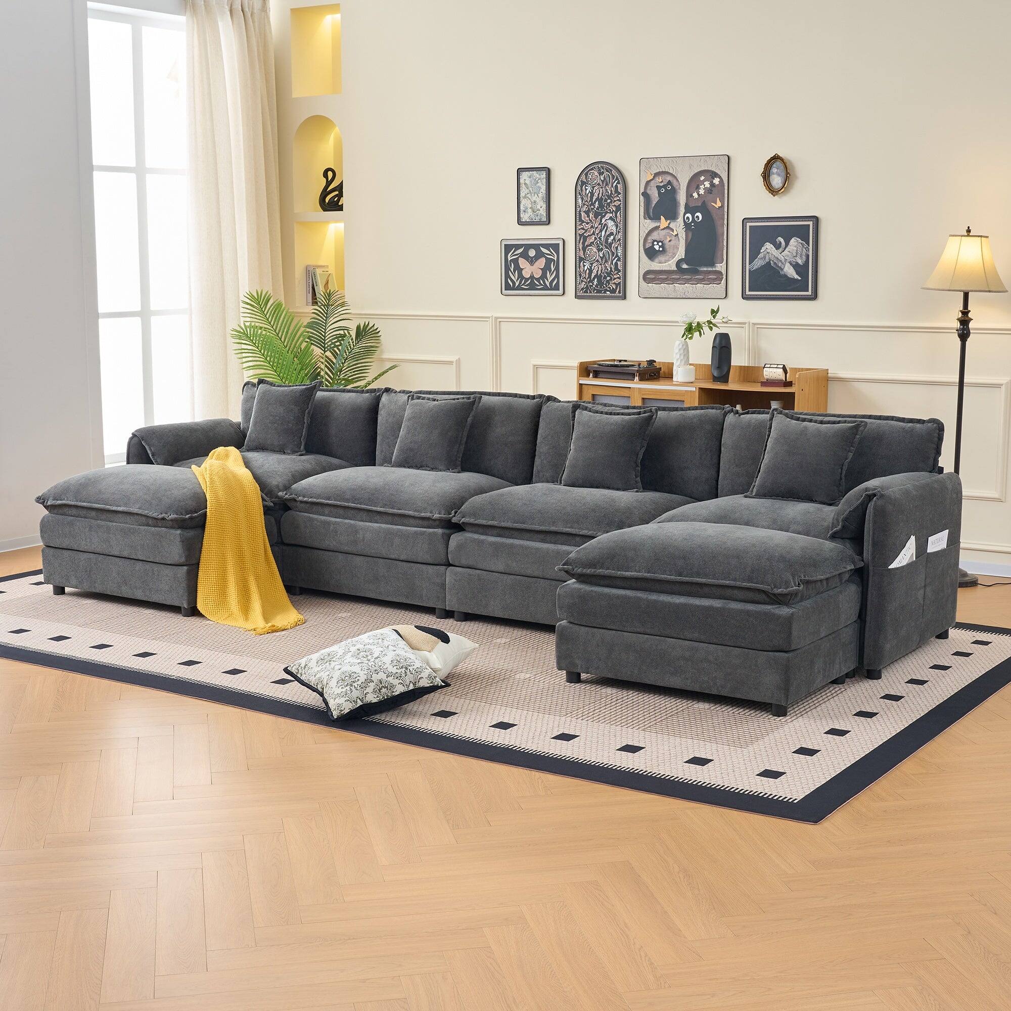 Alt View 1. Boyel Living - Modern Minimalist Grey Chenille Sofa with Side Storage Pockets 6-Seat - Grey.