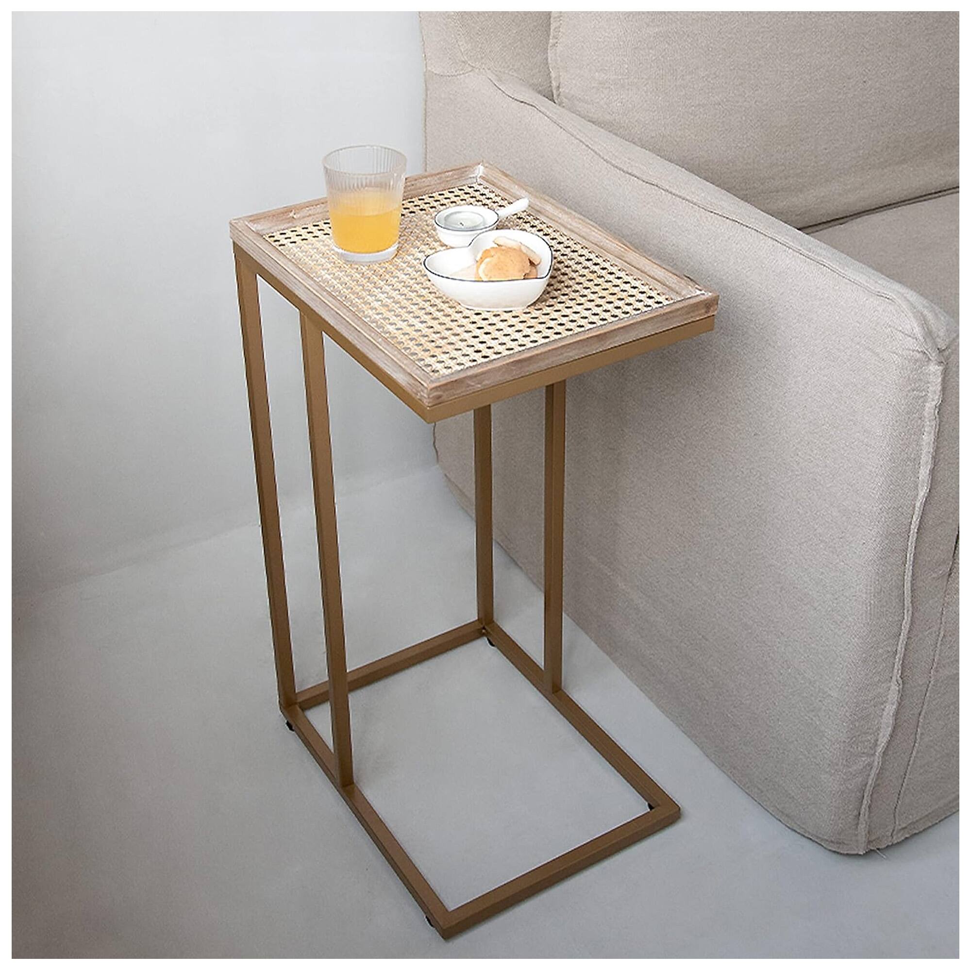 Alt View 6. COZAYH - COZAYH Farmhouse C Table Couch Metal End Table with Woven Pattern Tray Top, Gold - Gold.