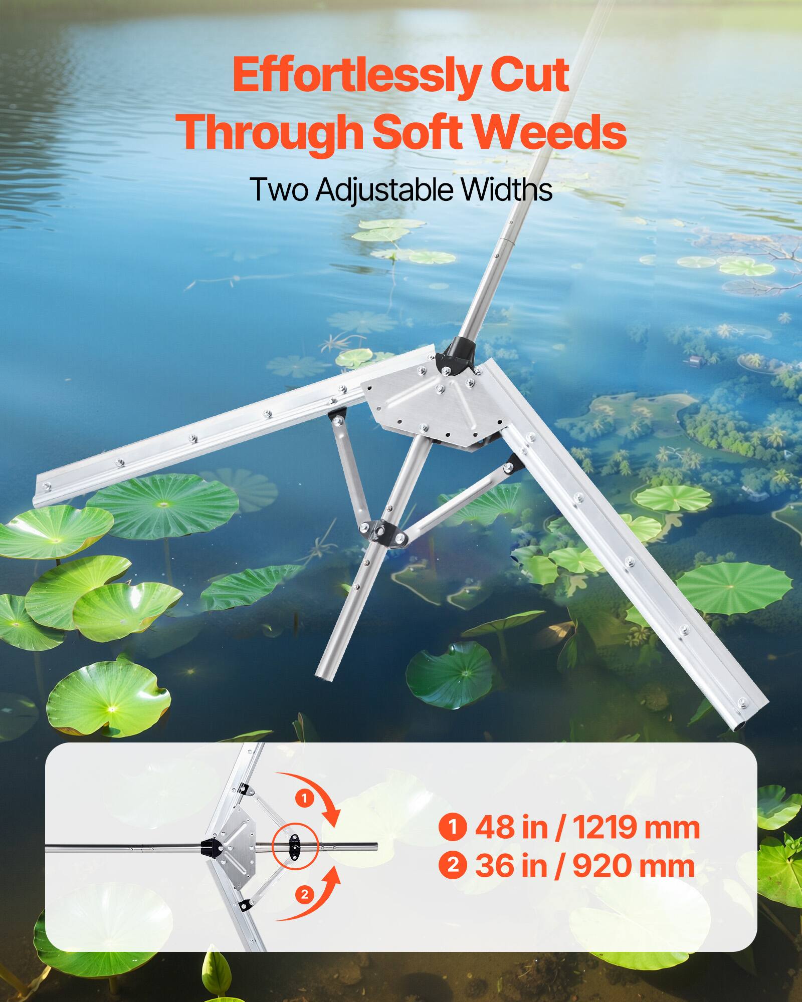 VEVOR - Lake Weed Cutter with 48 in Cutting Width, Durable Steel Blades, and 30 ft Throw Rope, Ideal for Aquatic Plants - Silver Metal + Red Rope + Black Plastic - Thumbnail 5