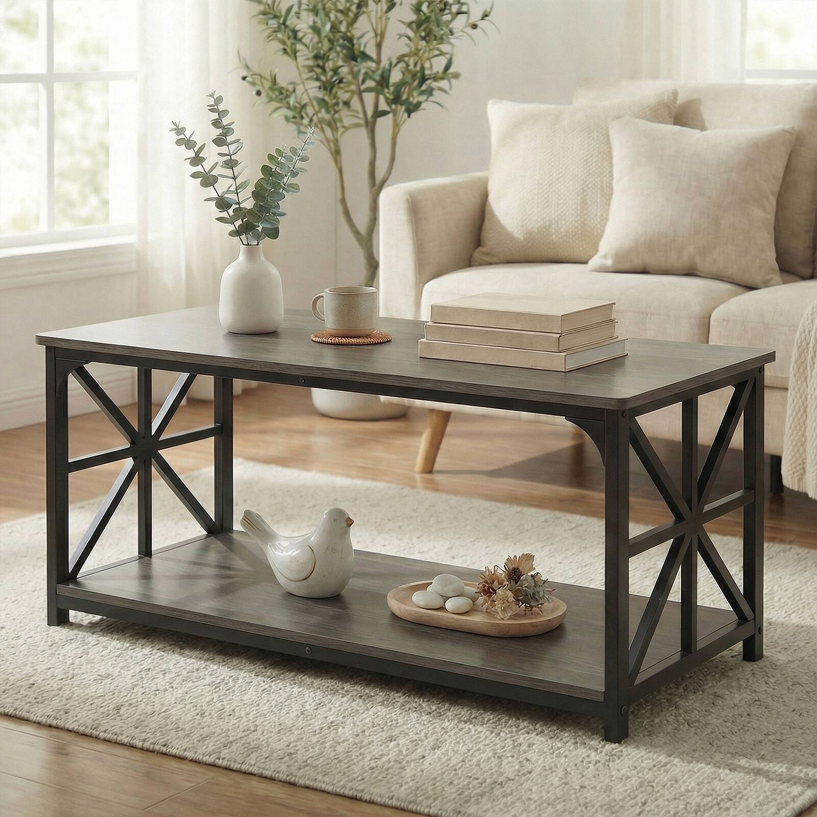 Alt View 4. Costway - Costway 2-Tier Coffee Table, Industrial Accent Table with Dual Star-shaped Metal Frames - Rustic Oak & Black.