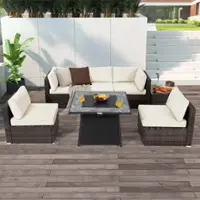 Costway 7 PCS Patio Furniture Set with 35" Propane Gas Fire Pit Table & Waterproof Cover - White - Front_Zoom