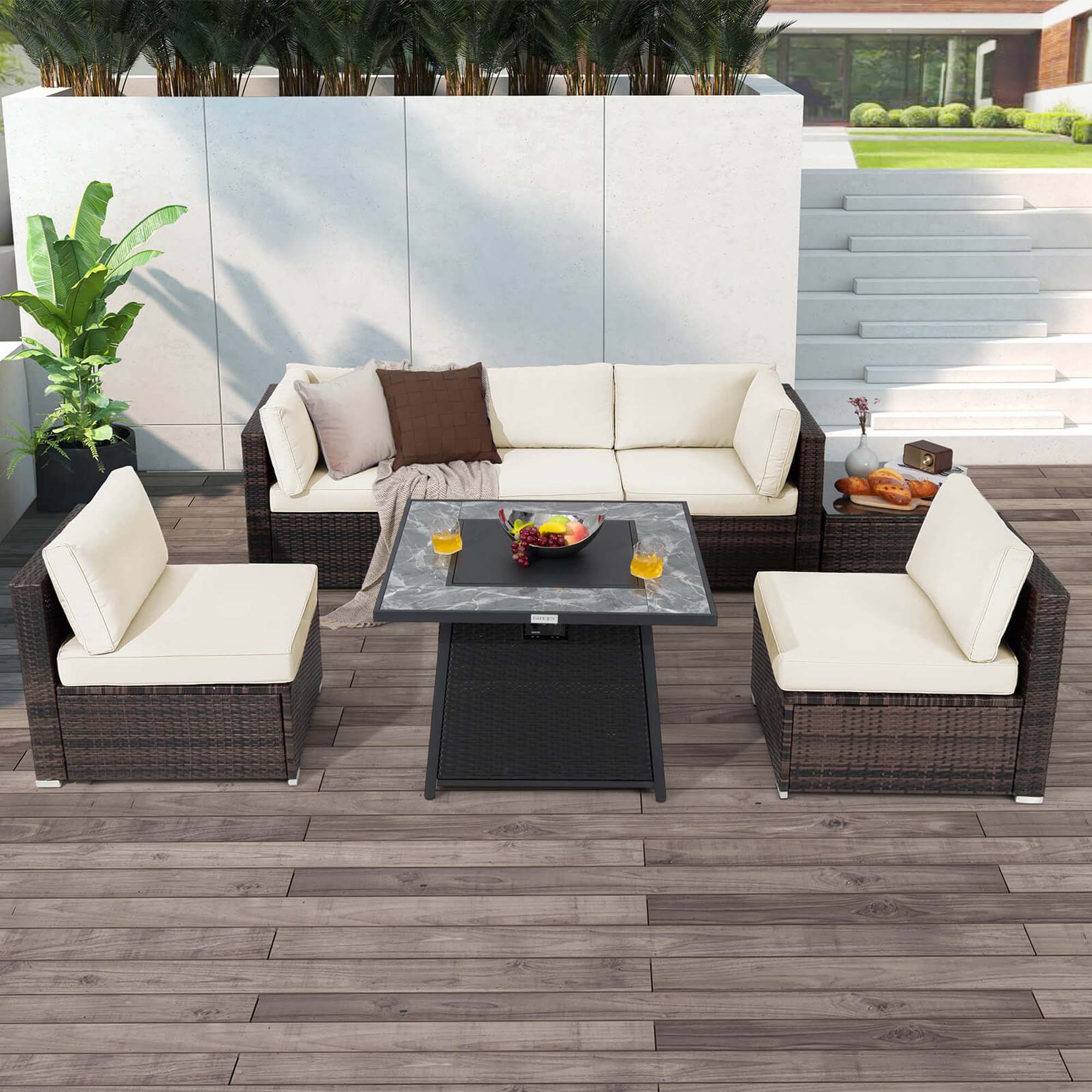 Alt View 1. Costway - 7 PCS Patio Furniture Set with 35" Propane Gas Fire Pit Table & Waterproof Cover - White.