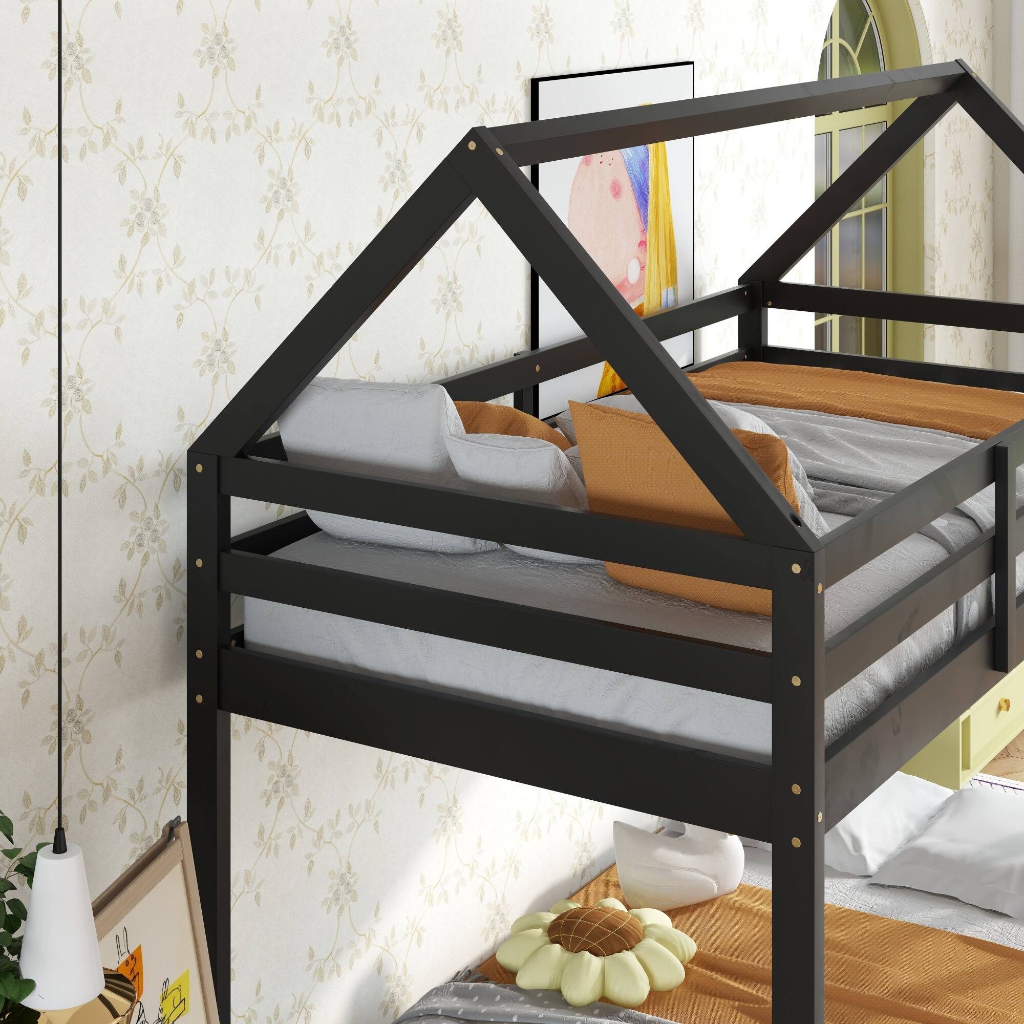 Alt View 8. GOODSILO - House-Shaped Twin Over Twin Rubber Wood Bunk Bed with Ladder and Guardrails for Kids - Black.