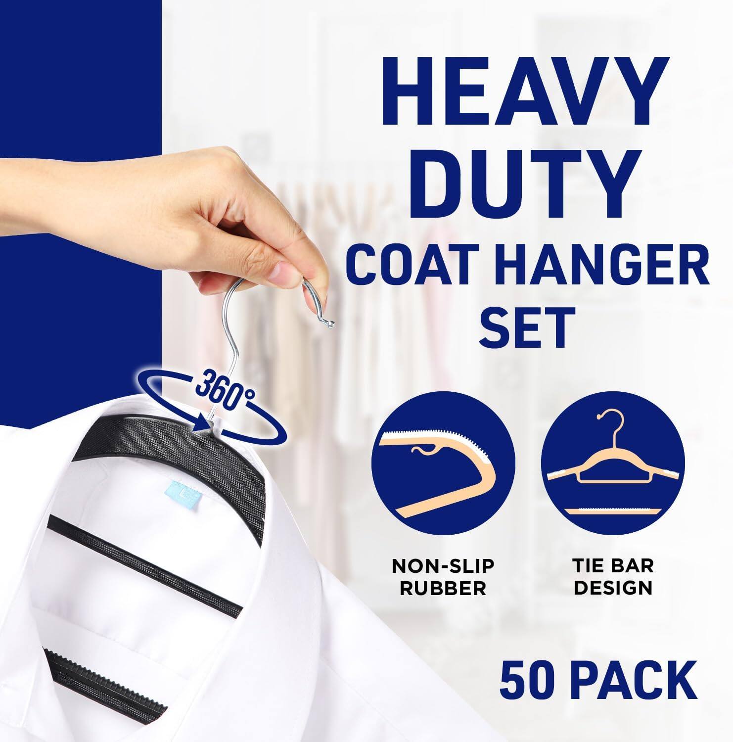 360 HEAVY DUTY COAT HANGER SET NON-SLIP RUBBER TIE BAR DESIGN 50 PACK