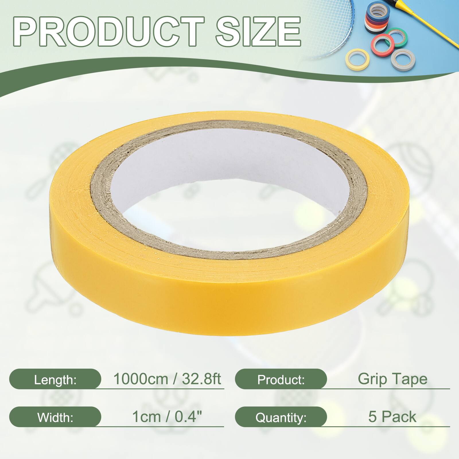 PRODUCT SIZE

Length: 1000cm / 32.8ft  
Width: 1cm / 0.4"  
Product: Grip Tape  
Quantity: 5 Pack