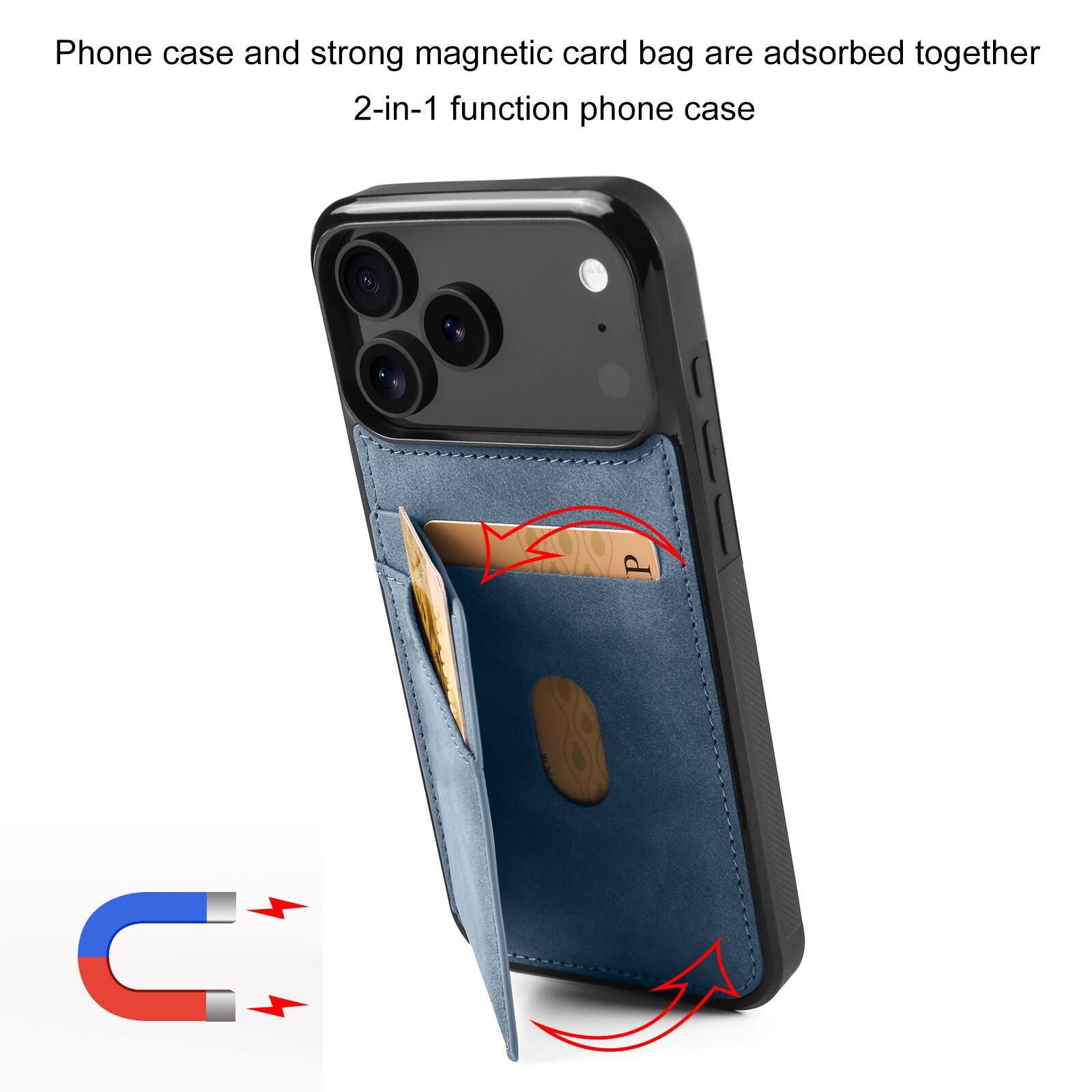 Phone case and strong magnetic card bag are adsorbed together  
2-in-1 function phone case