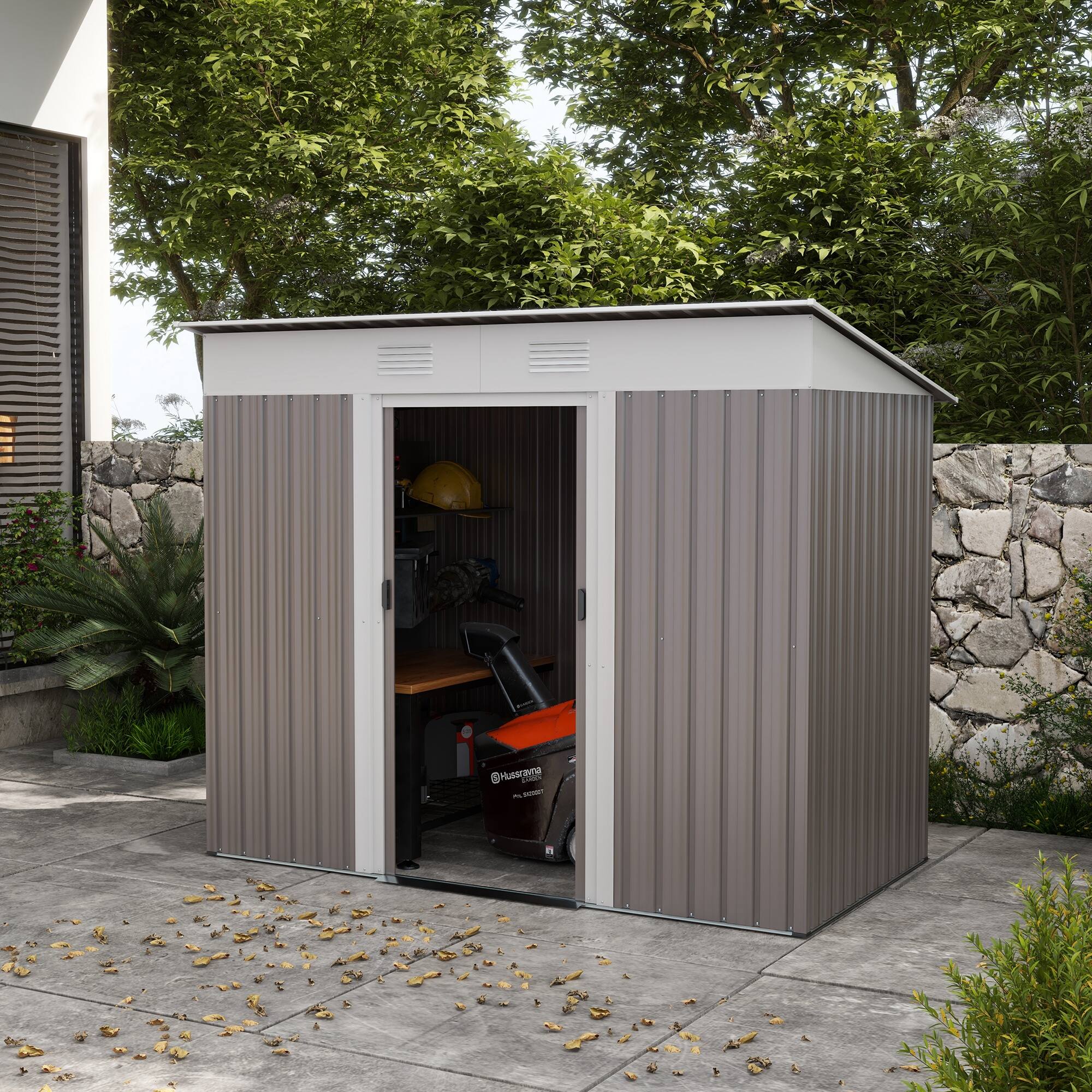 Alt View 1. Outsunny - 7' x 4' Metal Lean to Garden Shed, Outdoor Storage Shed, Garden Tool House with Double Sliding Doors.