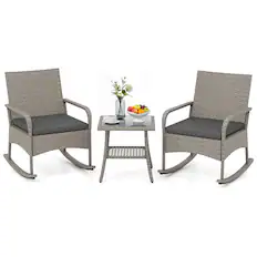 Front. Gymax - Gymax 3-Piece Rocking Bistro Set w/Cushions & Glass Coffee Table for Garden Outdoor Mixed Gray & Gray - Gray.