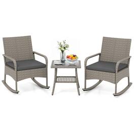 Gymax - 3-Piece Rocking Bistro Set w/Cushions & Glass Coffee Table for Garden Outdoor Mixed - Gray