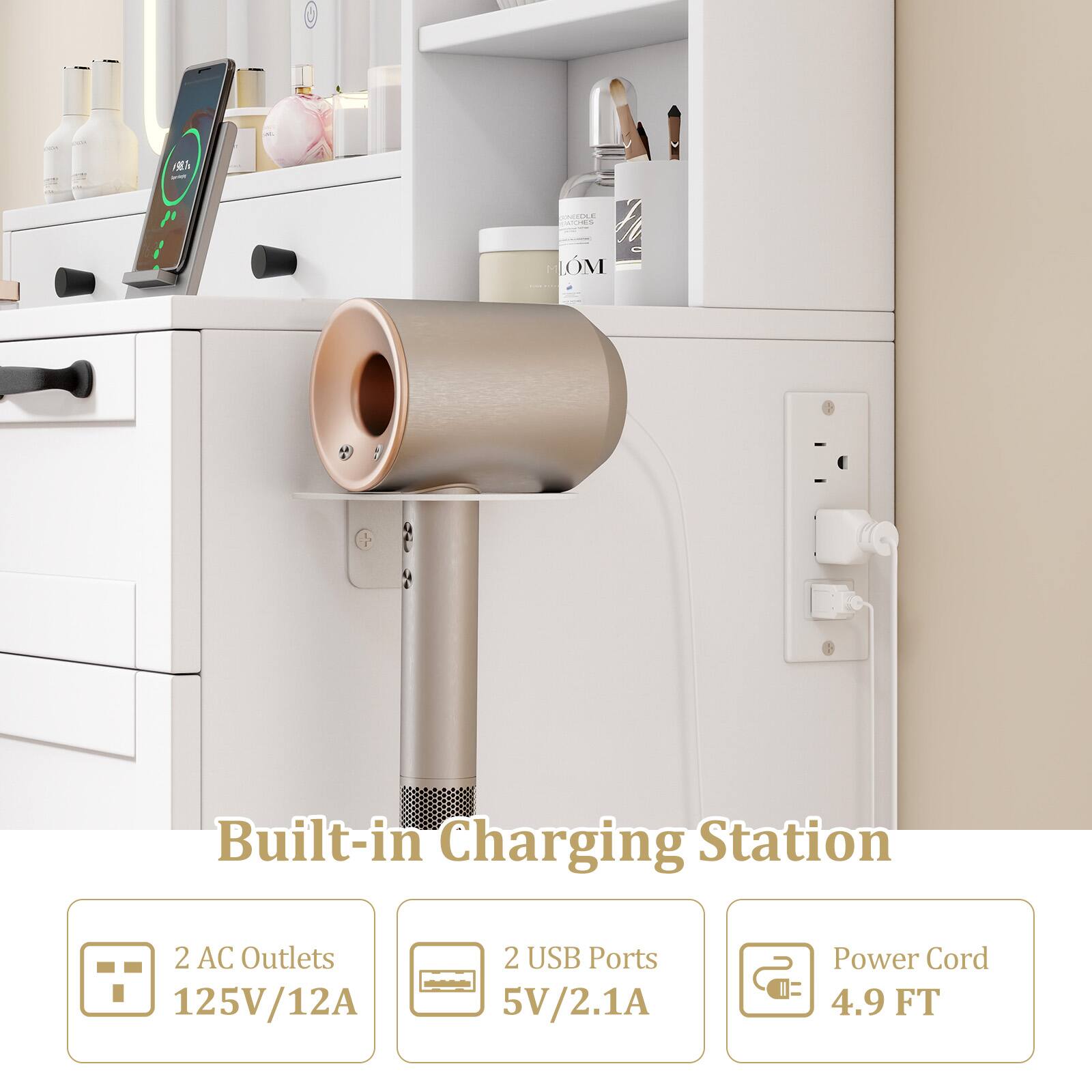Built-in Charging Station

- 2 AC Outlets 125V/12A
- 2 USB Ports 5V/2.1A
- Power Cord 4.9 FT