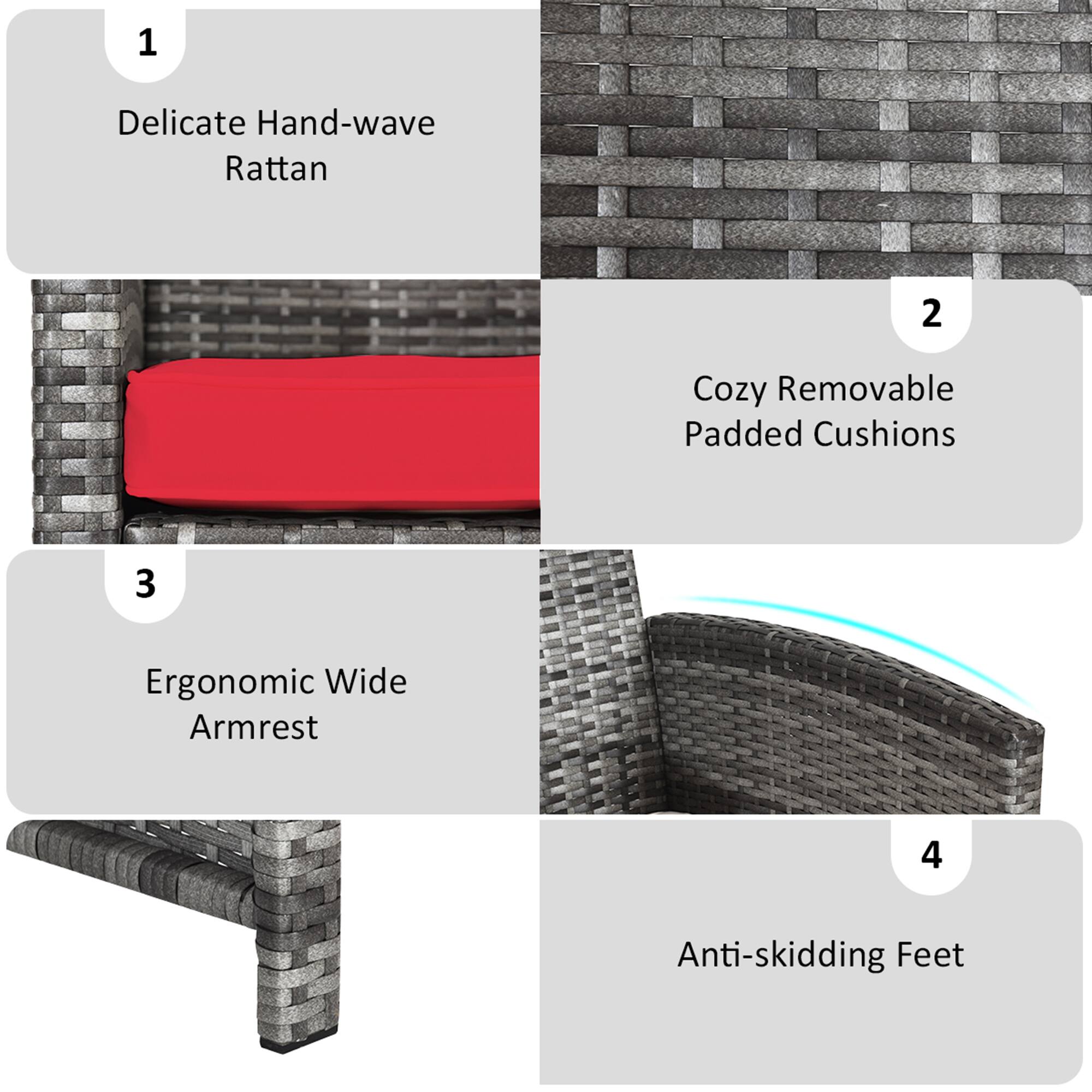 1. Delicate Hand-wave Rattan  
2. Cozy Removable Padded Cushions  
3. Ergonomic Wide Armrest  
4. Anti-skidding Feet