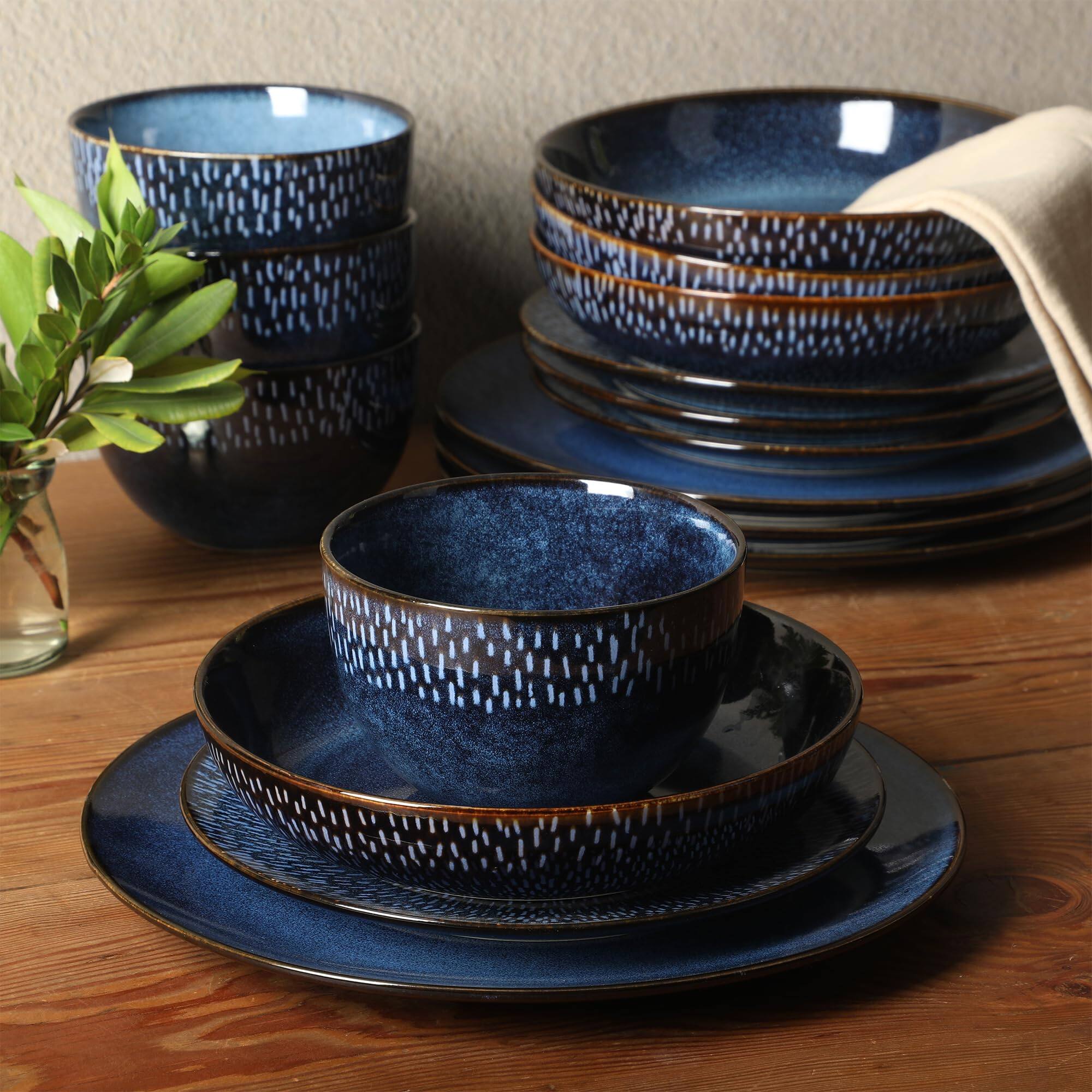 Alt View 1. Dazzed Corner - 16 Piece Double Bowl Dinnerware Set, Service for 4 (16pcs) - Cobalt Blue.