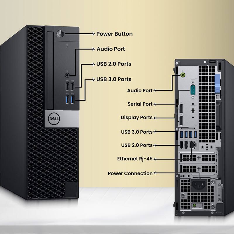 - Power Button
- Audio Port
- USB 2.0 Ports
- USB 3.0 Ports
- Audio Port
- Serial Port
- Display Ports
- USB 3.0 Ports
- USB 2.0 Ports
- Ethernet RJ-45
- Power Connection