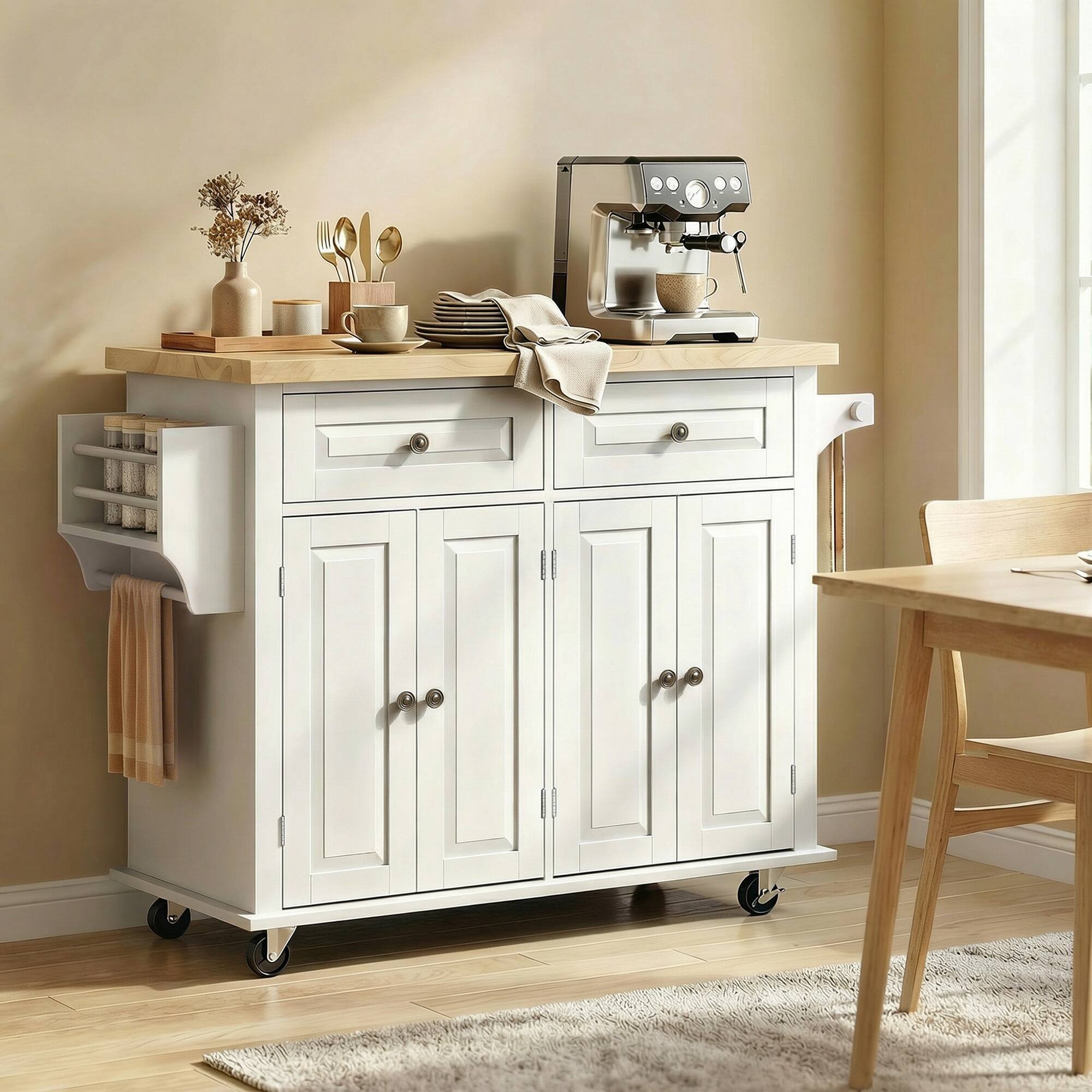 Alt View 8. Homcom - Mobile Kitchen Island Table, Kitchen Island Cart on Wheels with Storage Cabinets - White.