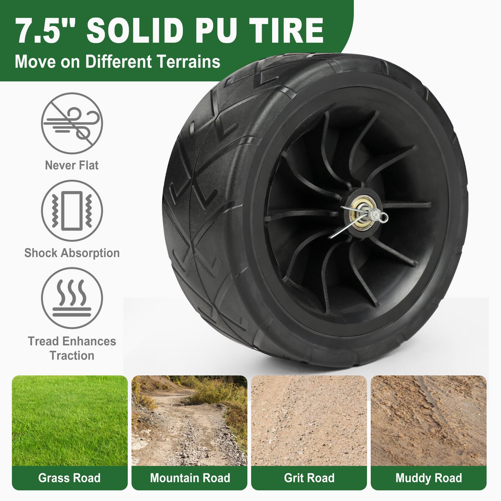 7.5" SOLID PU TIRE  
Move on Different Terrains

- Never Flat
- Shock Absorption
- Tread Enhances Traction

Grass Road  
Mountain Road  
Grit Road  
Muddy Road