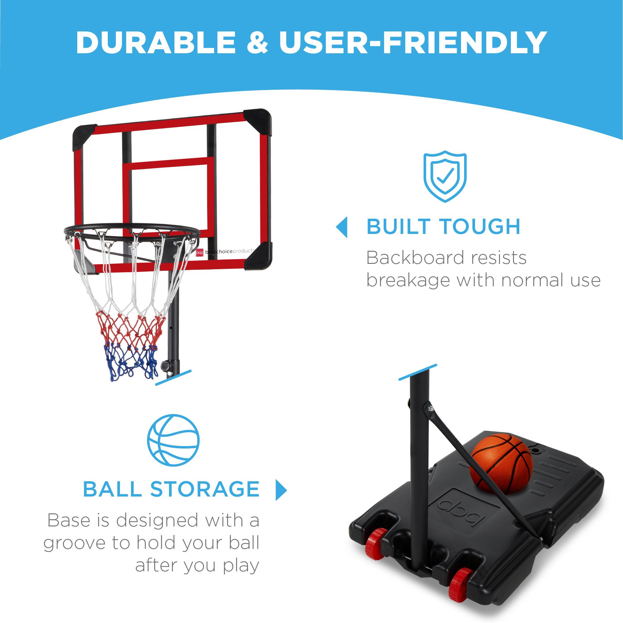 DURABLE & USER-FRIENDLY

BUILT TOUGH  
Backboard resists breakage with normal use

BALL STORAGE  
Base is designed with a groove to hold your ball after you play