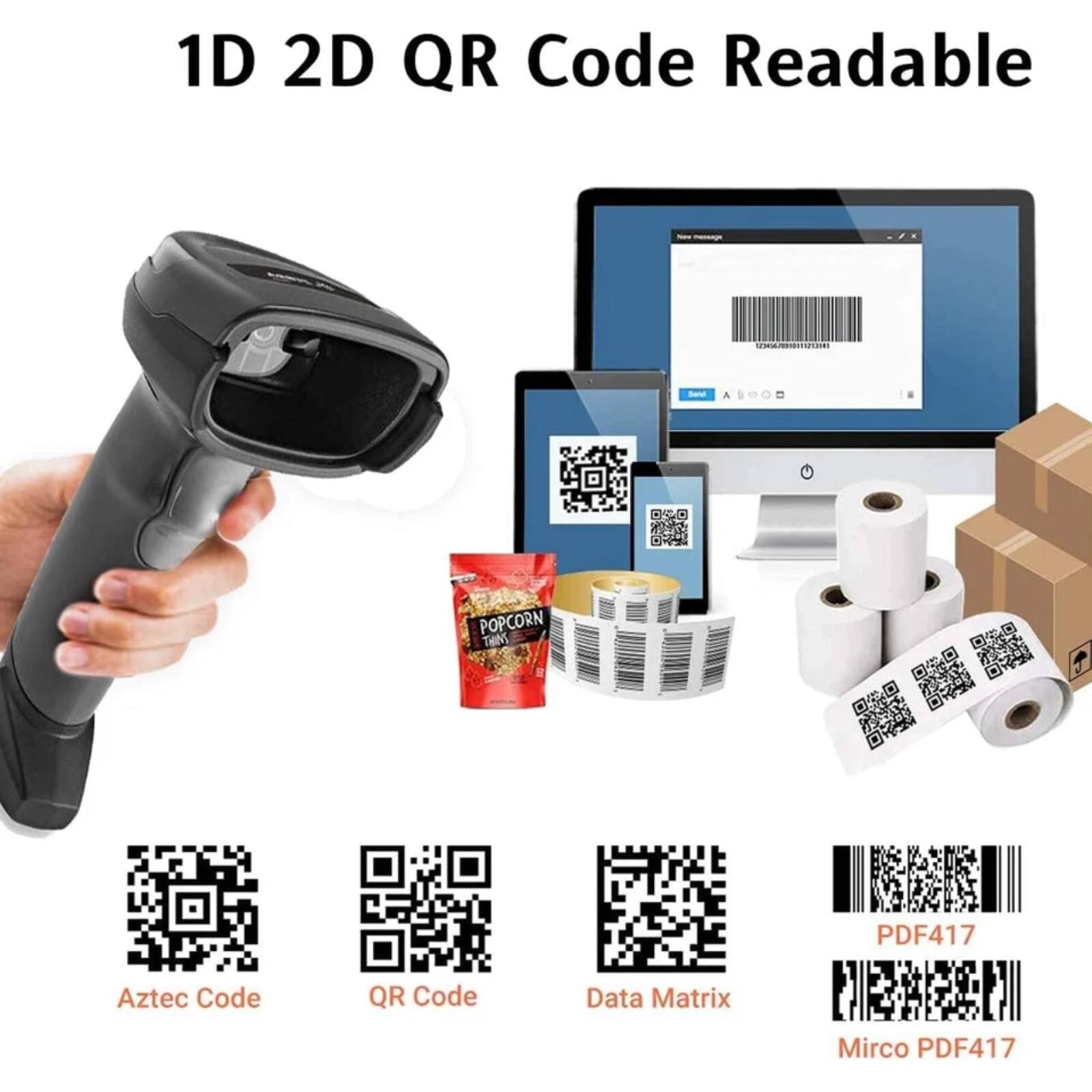 1D 2D QR Code Readable

- Aztec Code
- QR Code
- Data Matrix
- PDF417
- Mirco PDF417