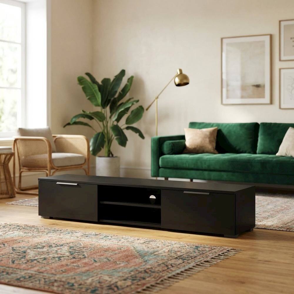 Alt View 1. FurniFact - Black Matte TV Stand with 2 Drawers and 1 Shelf for Living Room - Black Matte.