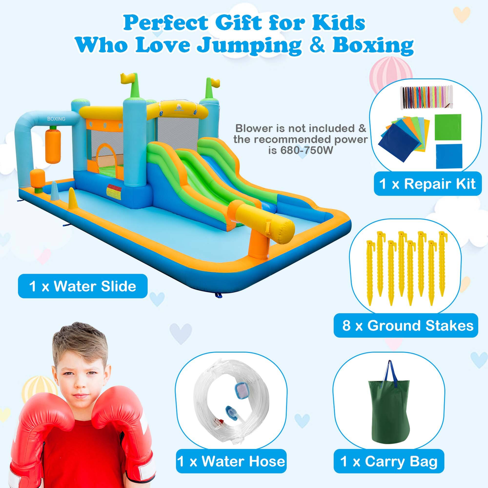 Perfect Gift for Kids Who Love Jumping & Boxing: BOXING Blower is not included & the recommended power is 680-750W. 1 x Repair Kit. 1 x Water Slide. 8 X Ground Stakes. 1 X Water Hose. 1 x Carry Bag.