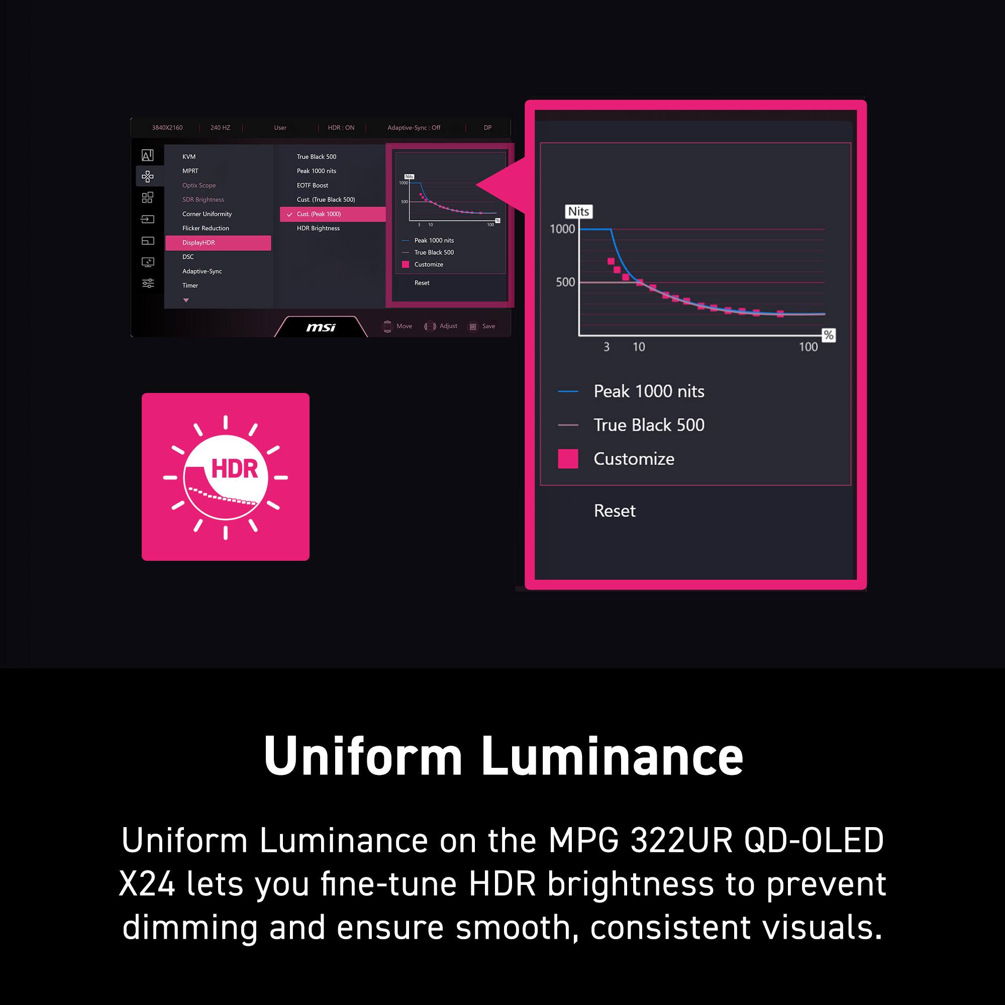 Uniform Luminance on the MPG 322UR QD-OLED X24 lets you fine-tune HDR brightness to prevent dimming and ensure smooth, consistent visuals.