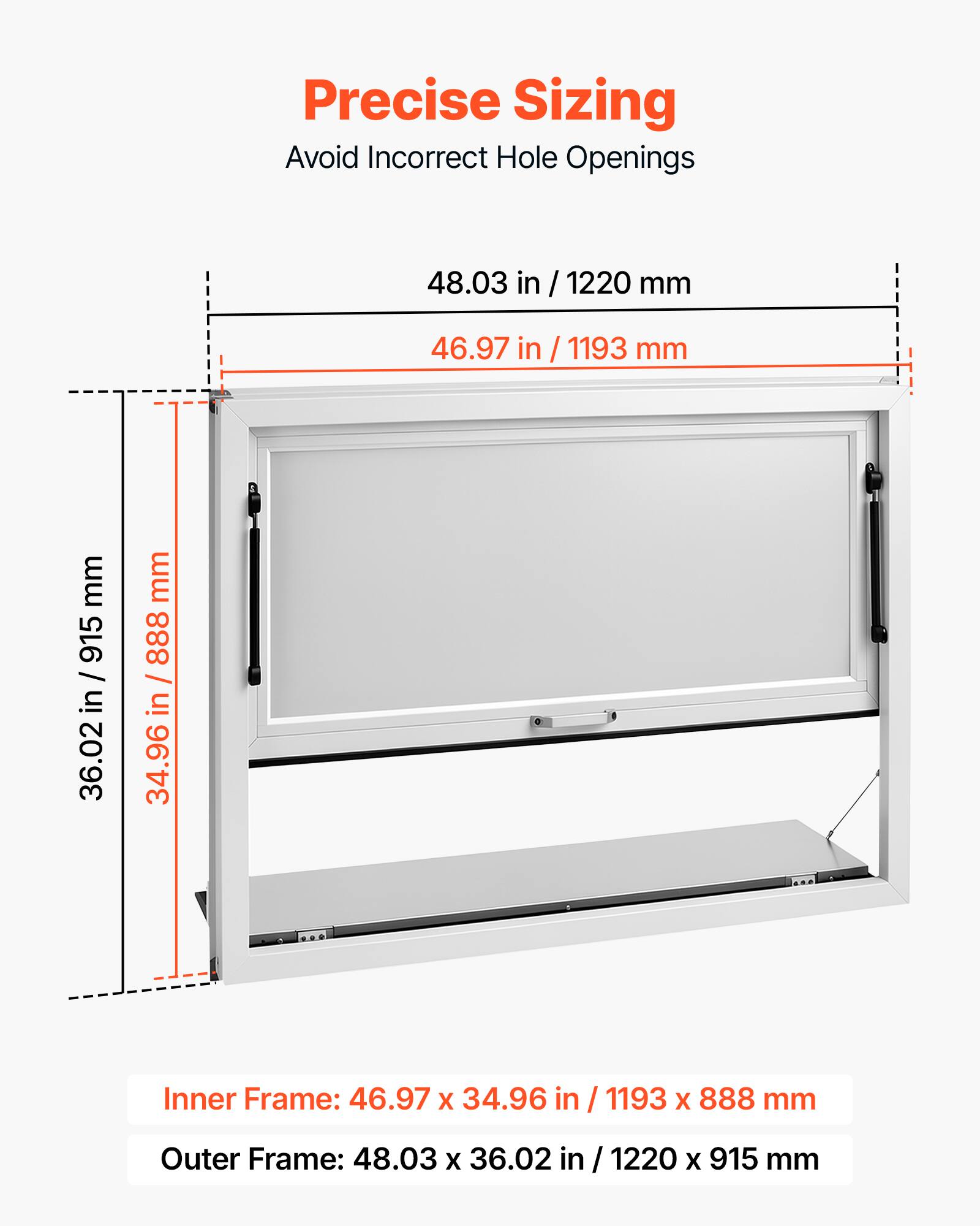 Precise Sizing  
Avoid Incorrect Hole Openings  

48.03 in / 1220 mm  
46.97 in / 1193 mm  

Inner Frame: 46.97 x 34.96 in / 1193 x 888 mm  
Outer Frame: 48.03 x 36.02 in / 1220 x 915 mm