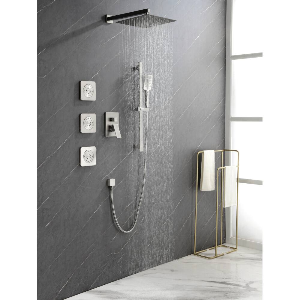Angle. JUJABU - Brushed Nickel Shower System with Shower Head, Slide Bar, Bodysprays, Shower Arm, Hose, Valve Trim, and Lever Handles - Brushed Nickel.