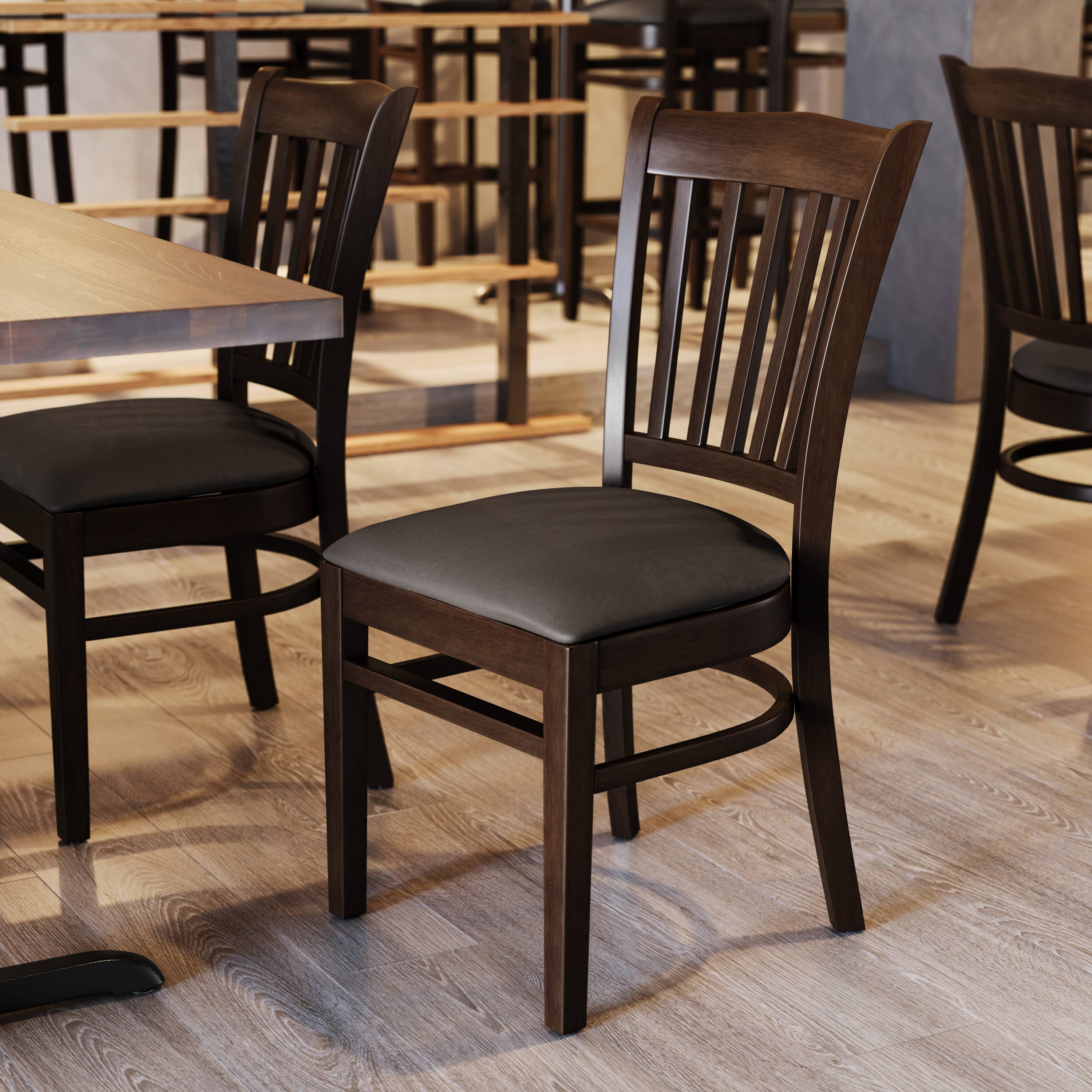 Alt View 4. Emma + Oliver - Vertical Slat Back Wooden Restaurant Dining Chair - Mocha Vinyl Seat/Walnut Wood Frame.