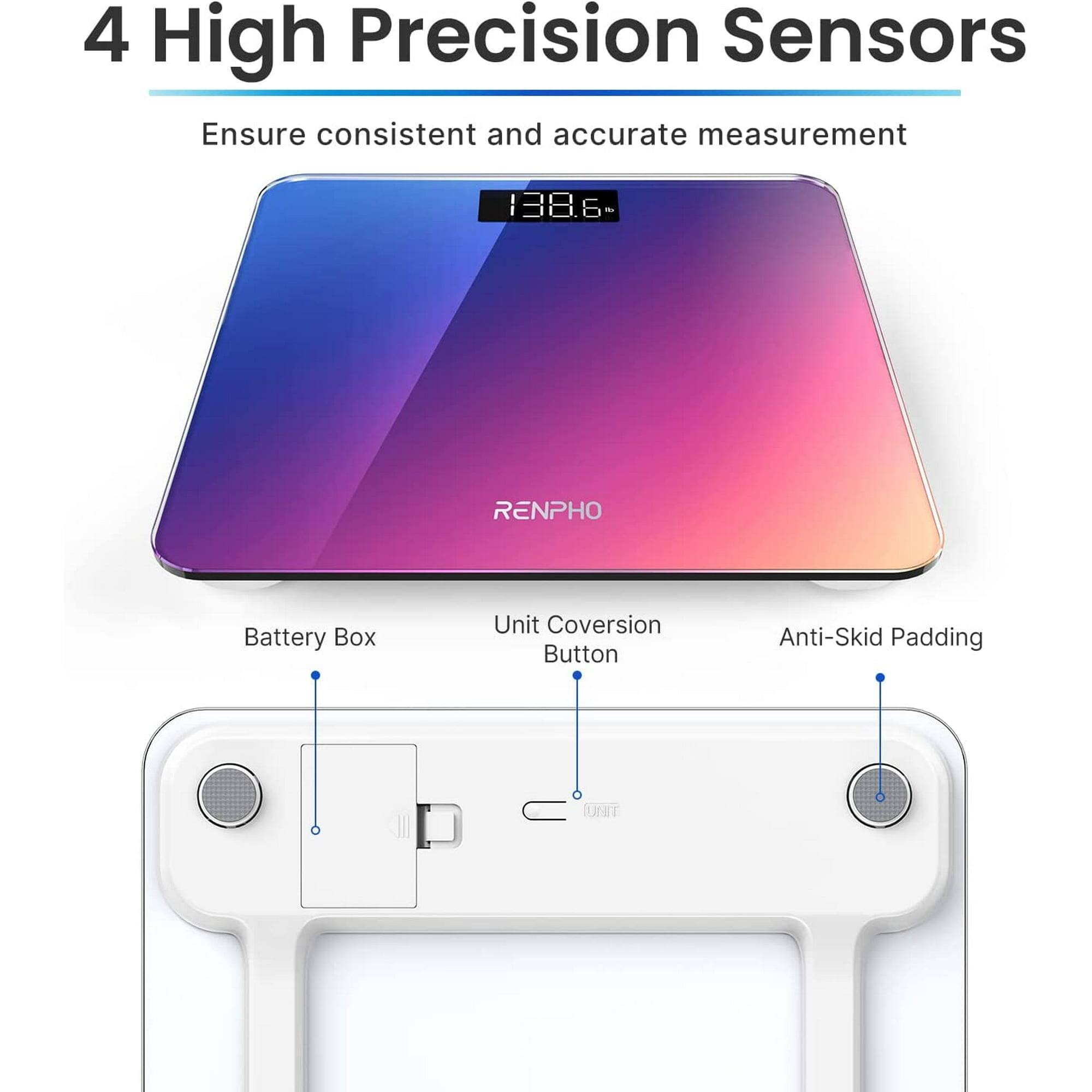 4 High Precision Sensors  
Ensure consistent and accurate measurement  

138.6  
RENPHO  

Battery Box  
Unit Conversion Button  
Anti-Skid Padding