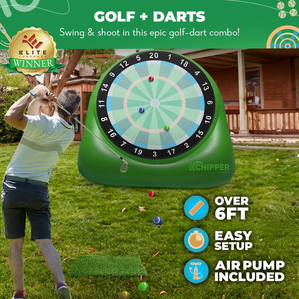 10 GOLF + DARTS Swing & shoot in this epic golf-dart combo!

ELITE CONSUMER WINNER

5 20 12 6 14 11 8 16 7 19 3
1 18 4 13 6 10 15 2 17 BULL CHIPPER

OVER 6FT EASY SETUP
AIR PUMP INCLUDED