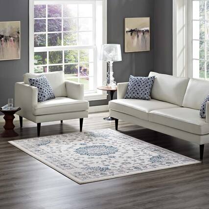 Front. Modway - Lilja Distressed Vintage Medallion Area Rug - Ivory and Moroccan Blue.