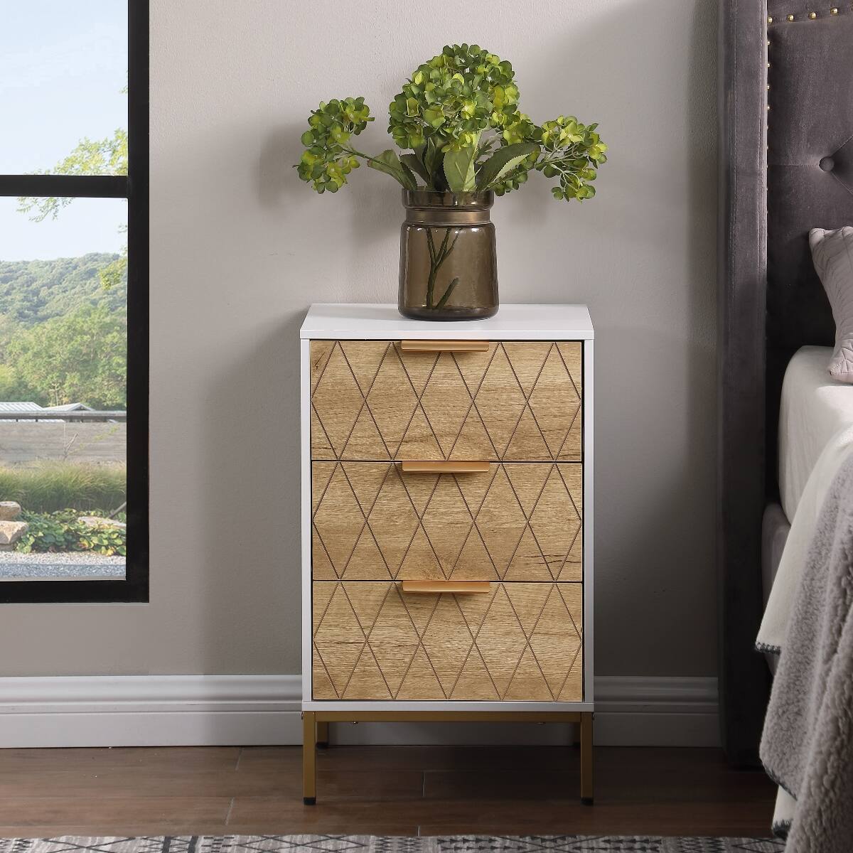 Left. Loheer - Loheer Three Drawer Nightstand, Mid Century Modern White and Natural Bedroom End Table - Natural and White.