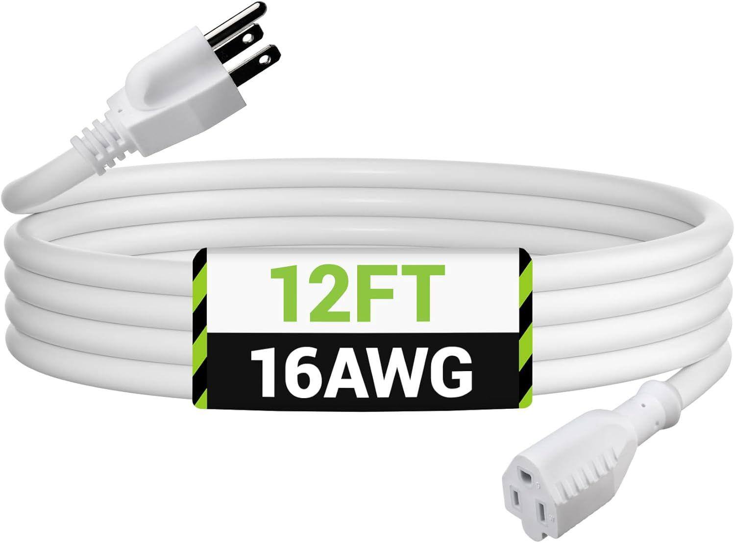 BN-LINK - 12ft Outdoor Extension Cord, 16-Gauge 3-Prong, for Landscaping & Holiday Decor, ETL Listed - White